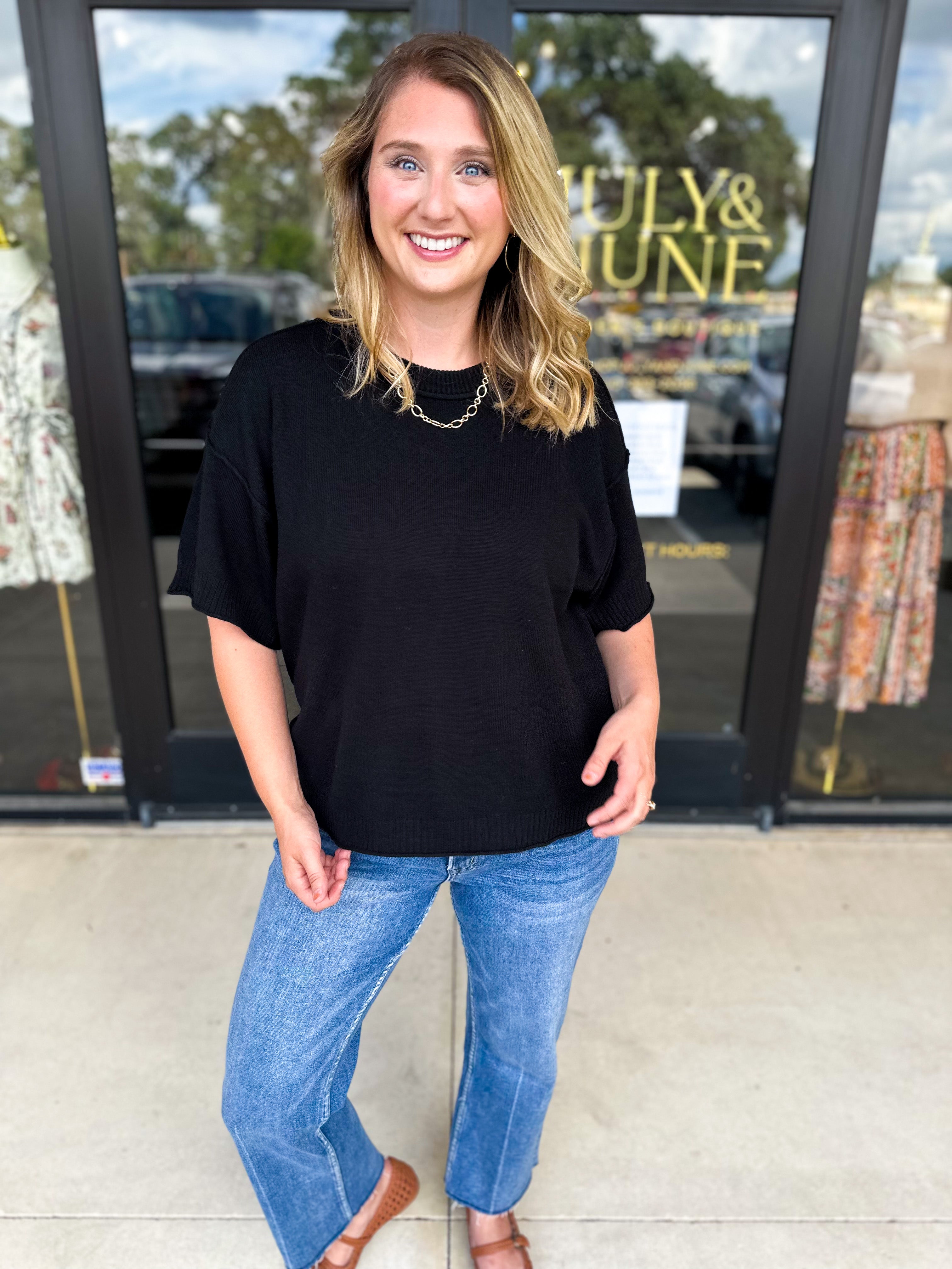 The Ella Knit Sweater Top - Black-230 Sweaters/Cardis-JODIFL-July & June Women's Fashion Boutique Located in San Antonio, Texas