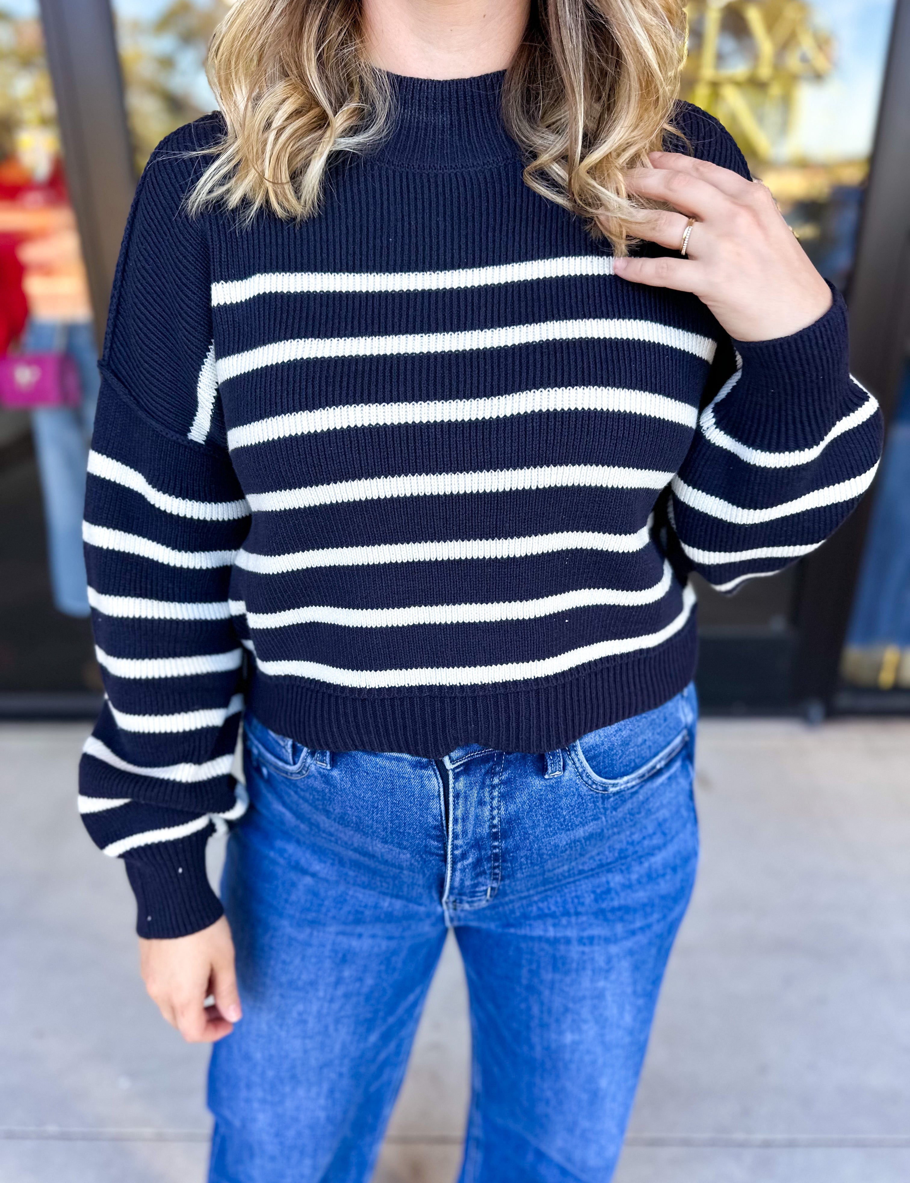 Pink Friday Doorbuster - Mock Neck Sweater Top - Navy - ONLINE-PINK FRIDAY DOORBUSTERS-BLU PEPPER-July & June Women's Fashion Boutique Located in San Antonio, Texas