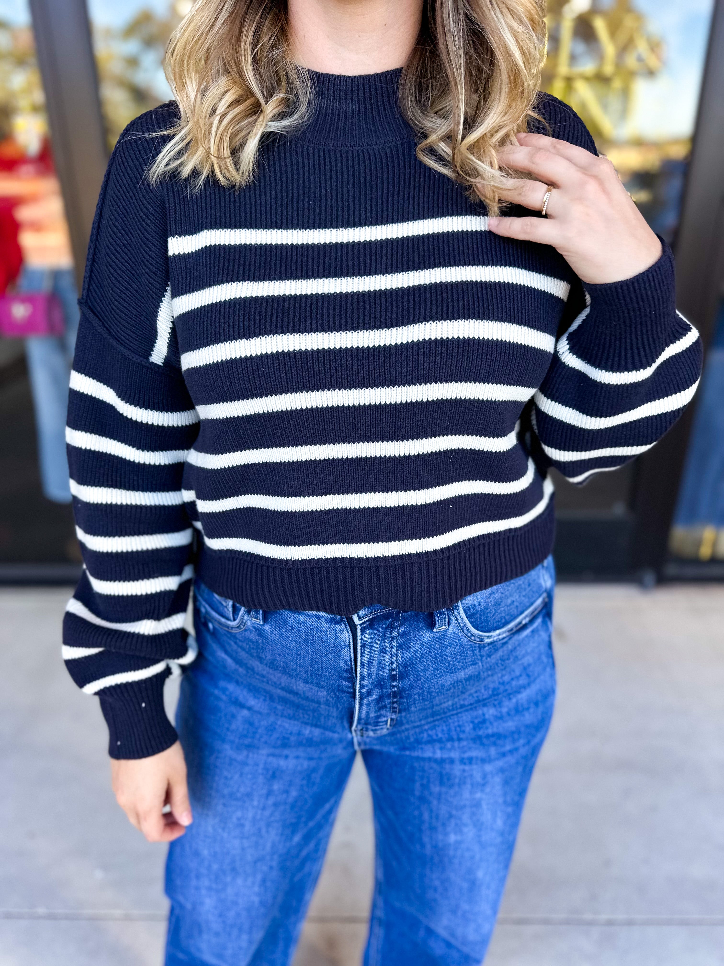 Pink Friday Doorbuster - Mock Neck Sweater Top - Navy - ONLINE-PINK FRIDAY DOORBUSTERS-BLU PEPPER-July & June Women's Fashion Boutique Located in San Antonio, Texas