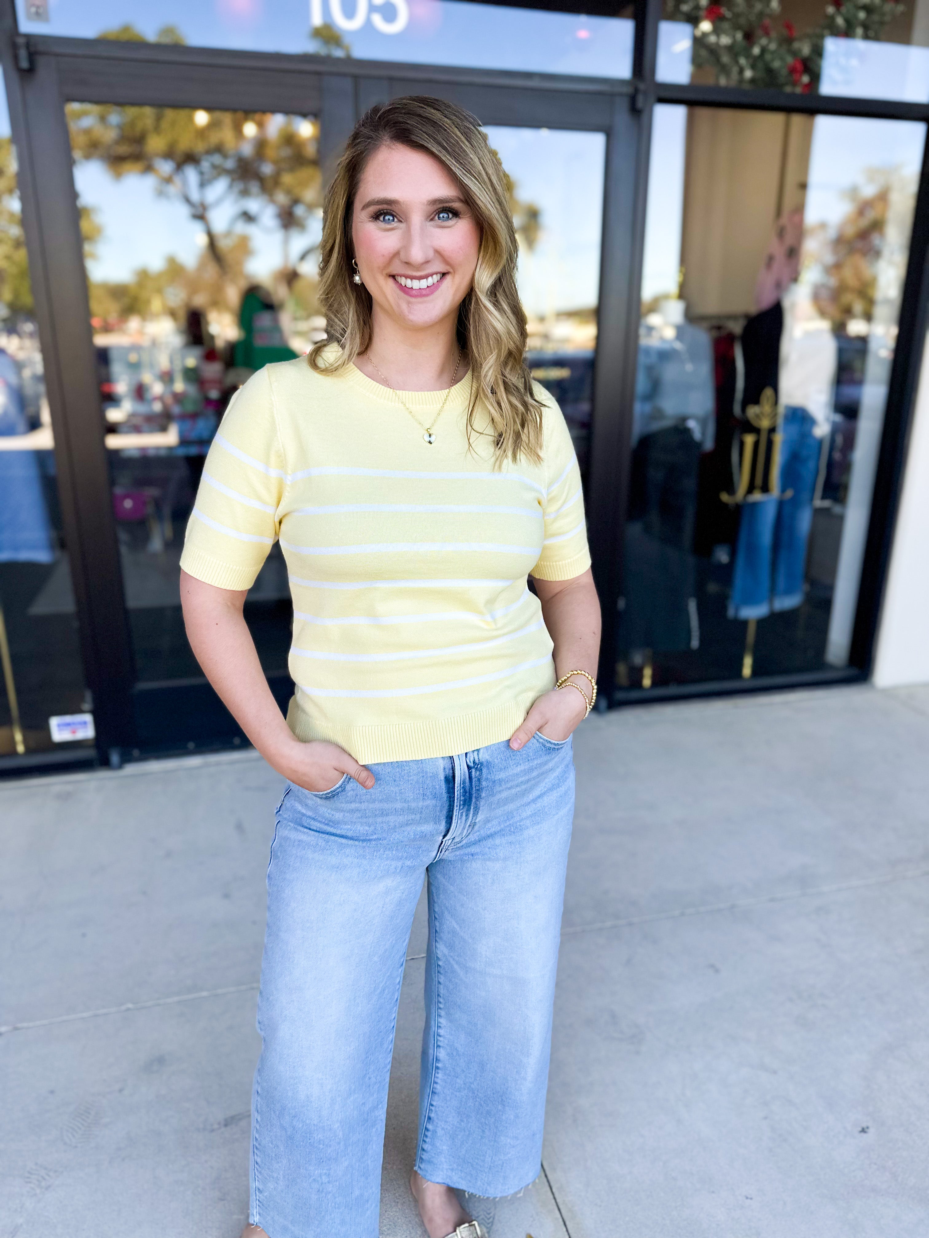 Short Sleeve Stripped Sweater Top - Lemon-230 Sweaters/Cardis-ALLIE ROSE-July & June Women's Fashion Boutique Located in San Antonio, Texas