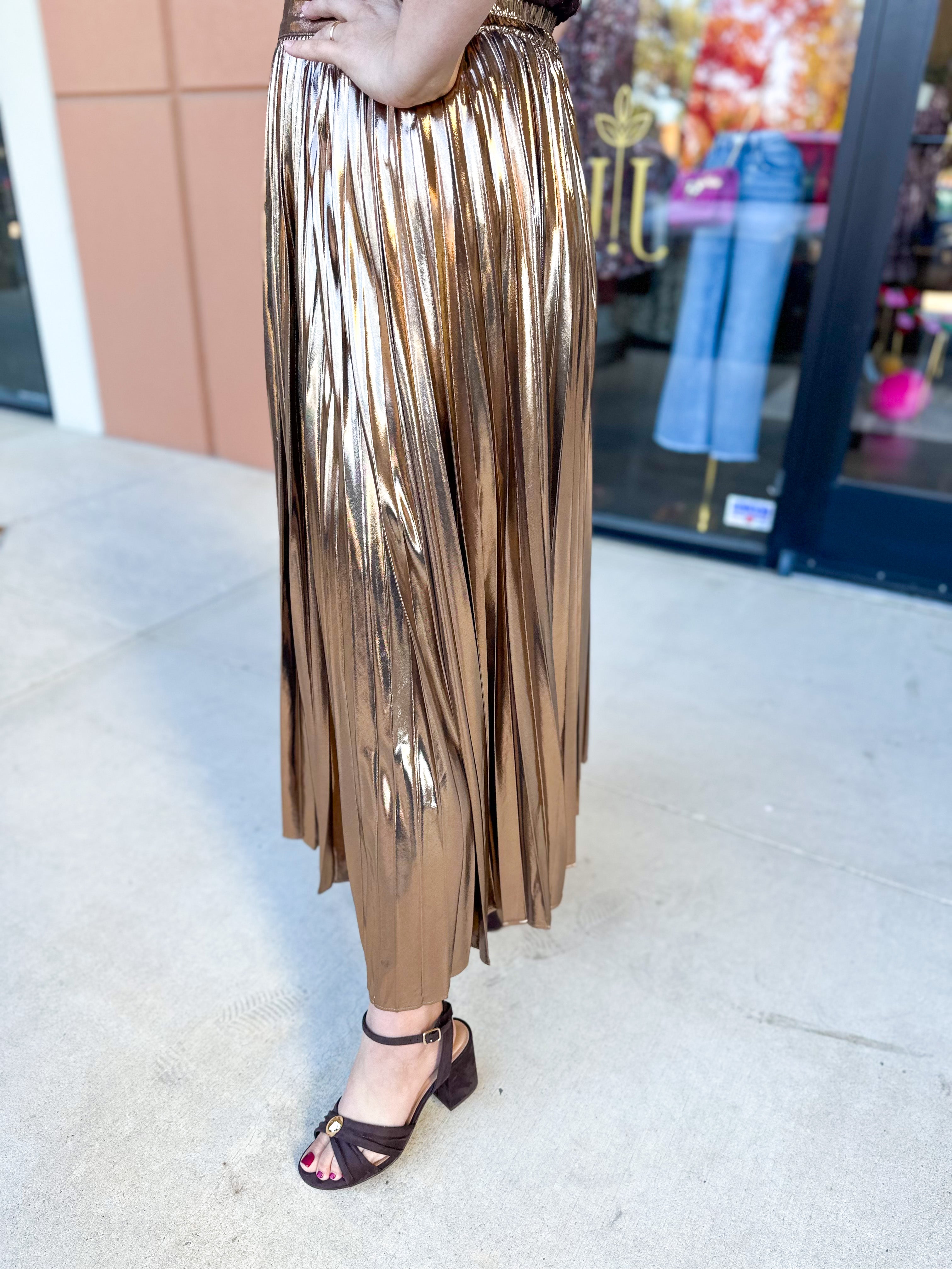 Bronze Midi Skirt-410 Shorts/Skirts-SKIES ARE BLUE-July & June Women's Fashion Boutique Located in San Antonio, Texas