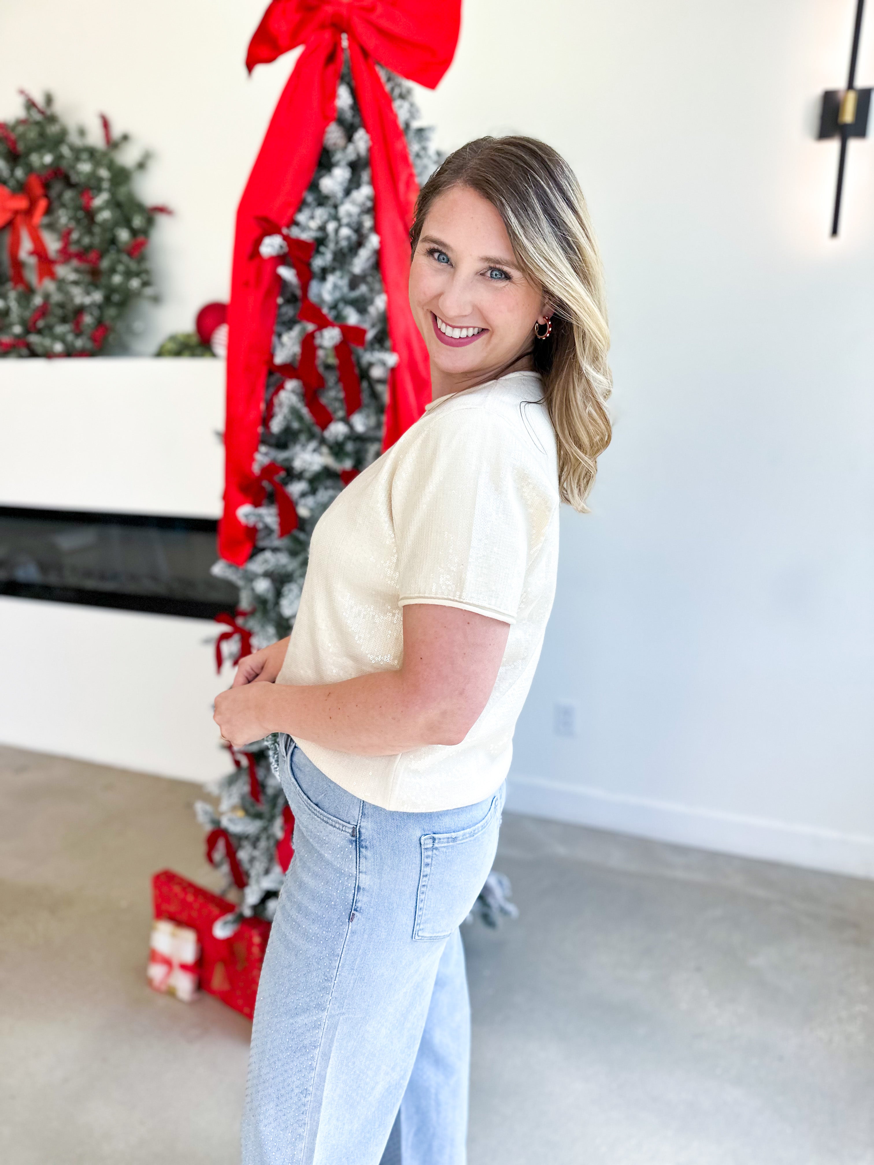 Holiday Party Sweater Top - Cream-200 Fashion Blouses-JODIFL-July & June Women's Fashion Boutique Located in San Antonio, Texas