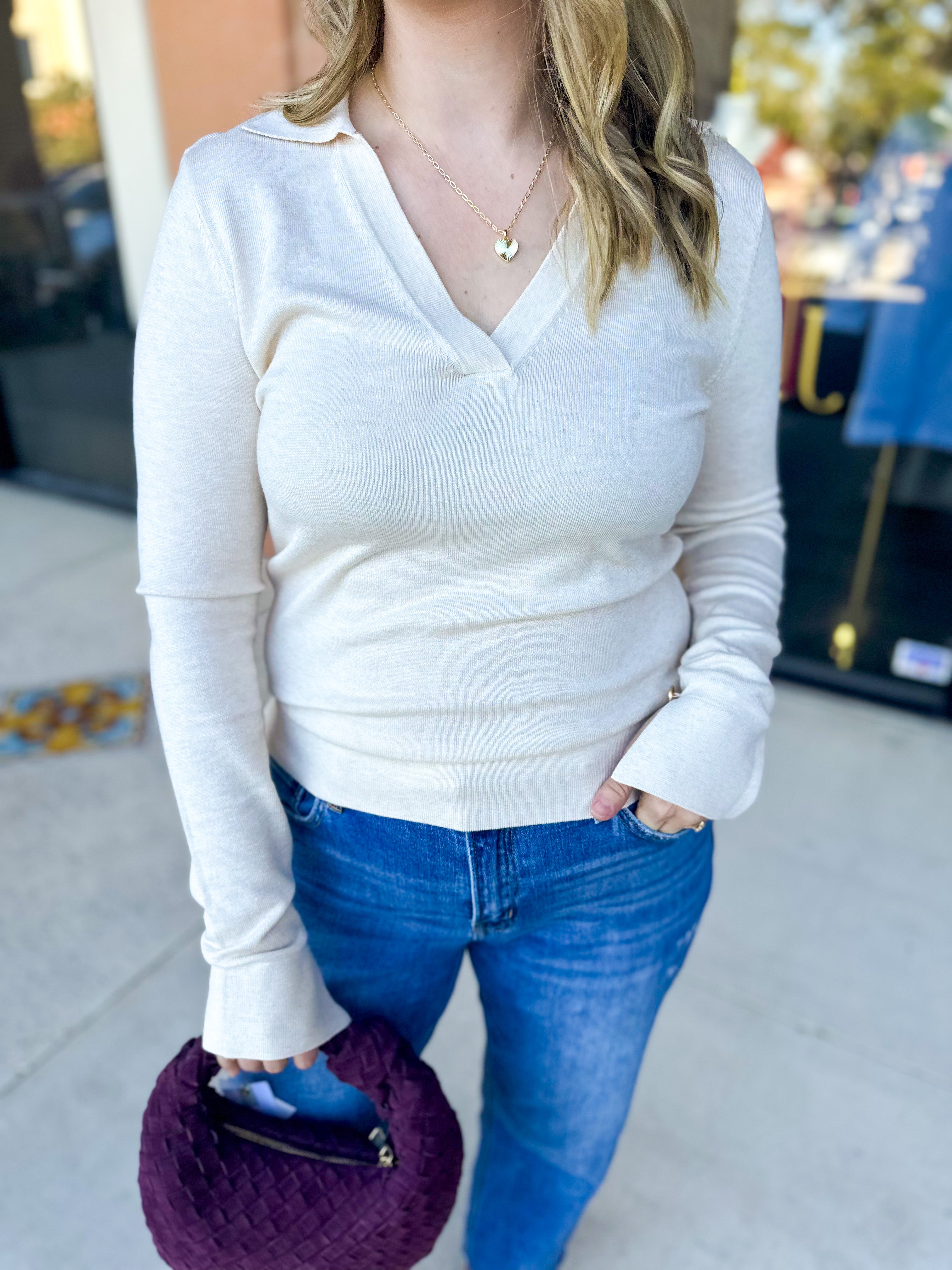 Collared Knit Long Sleeve - Cream-230 Sweaters/Cardis-SKIES ARE BLUE-July & June Women's Fashion Boutique Located in San Antonio, Texas