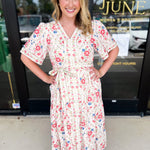 Cream & Pink Floral Midi Dress-500 Midi-POLOGRAM-July & June Women's Fashion Boutique Located in San Antonio, Texas