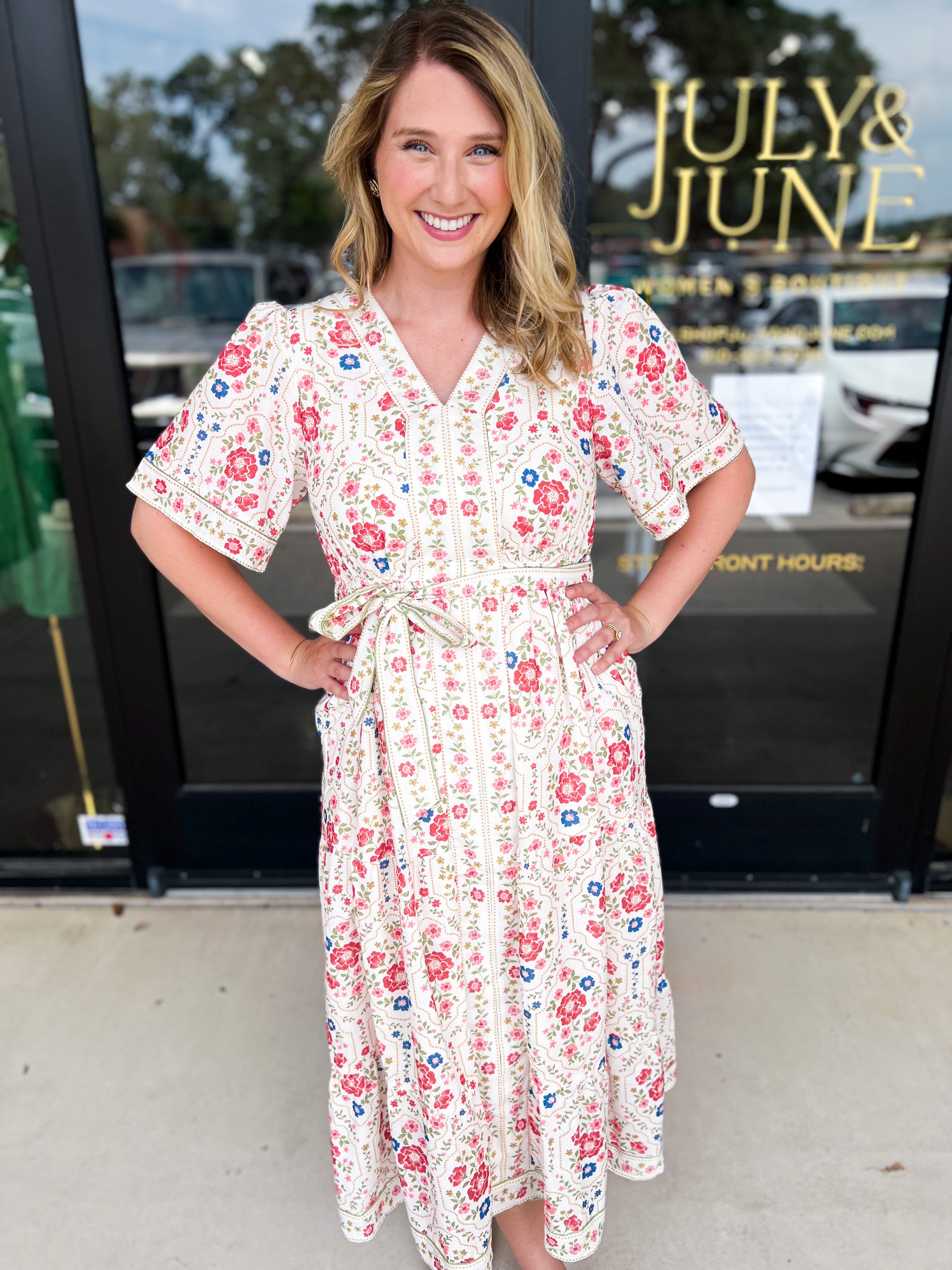 Cream & Pink Floral Midi Dress-500 Midi-POLOGRAM-July & June Women's Fashion Boutique Located in San Antonio, Texas
