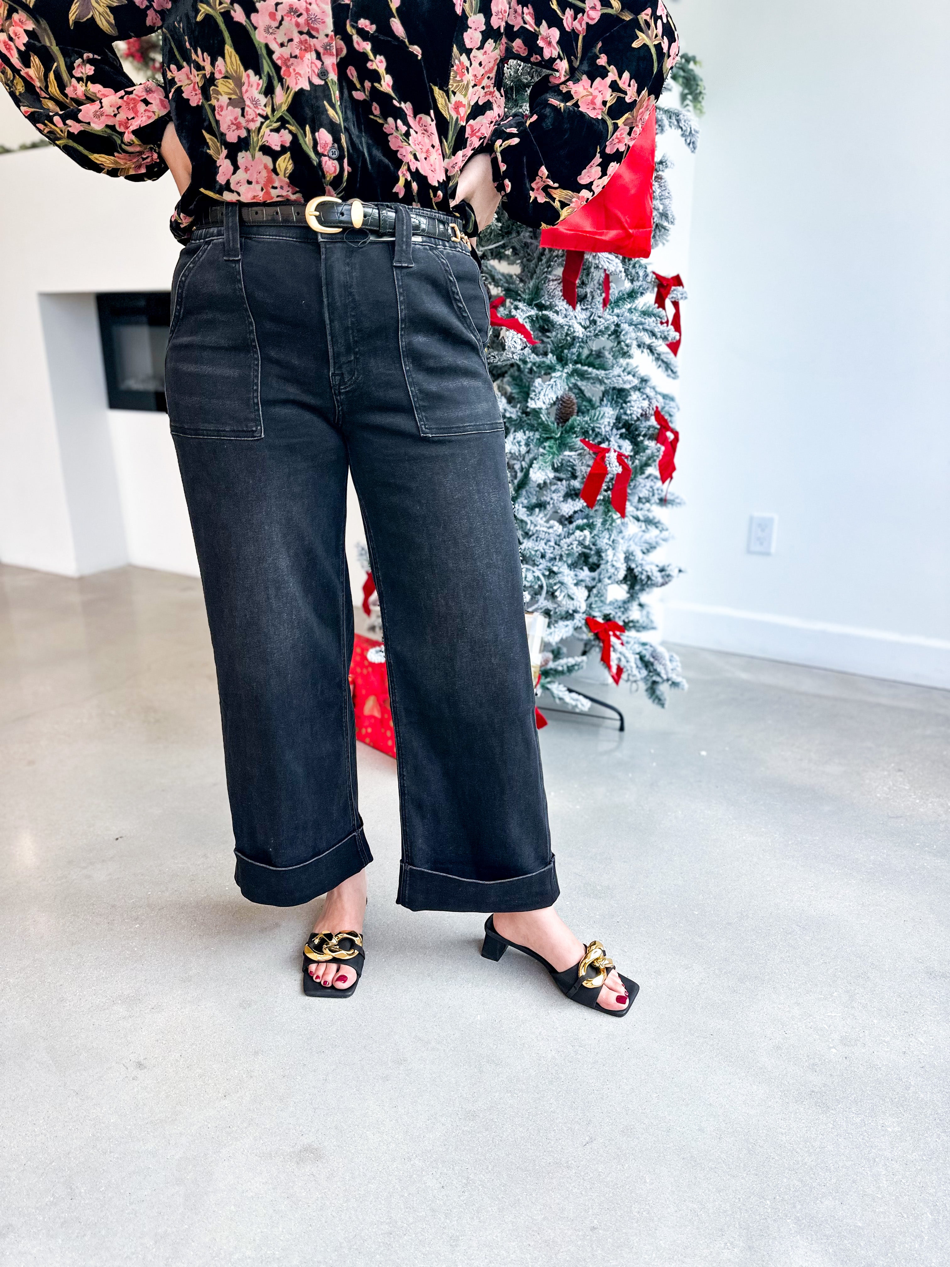 Vervet - High Rise Black Cuffed Wide Leg Jeans-400 Pants-VEVERT BY FLYING MONKEY-July & June Women's Fashion Boutique Located in San Antonio, Texas