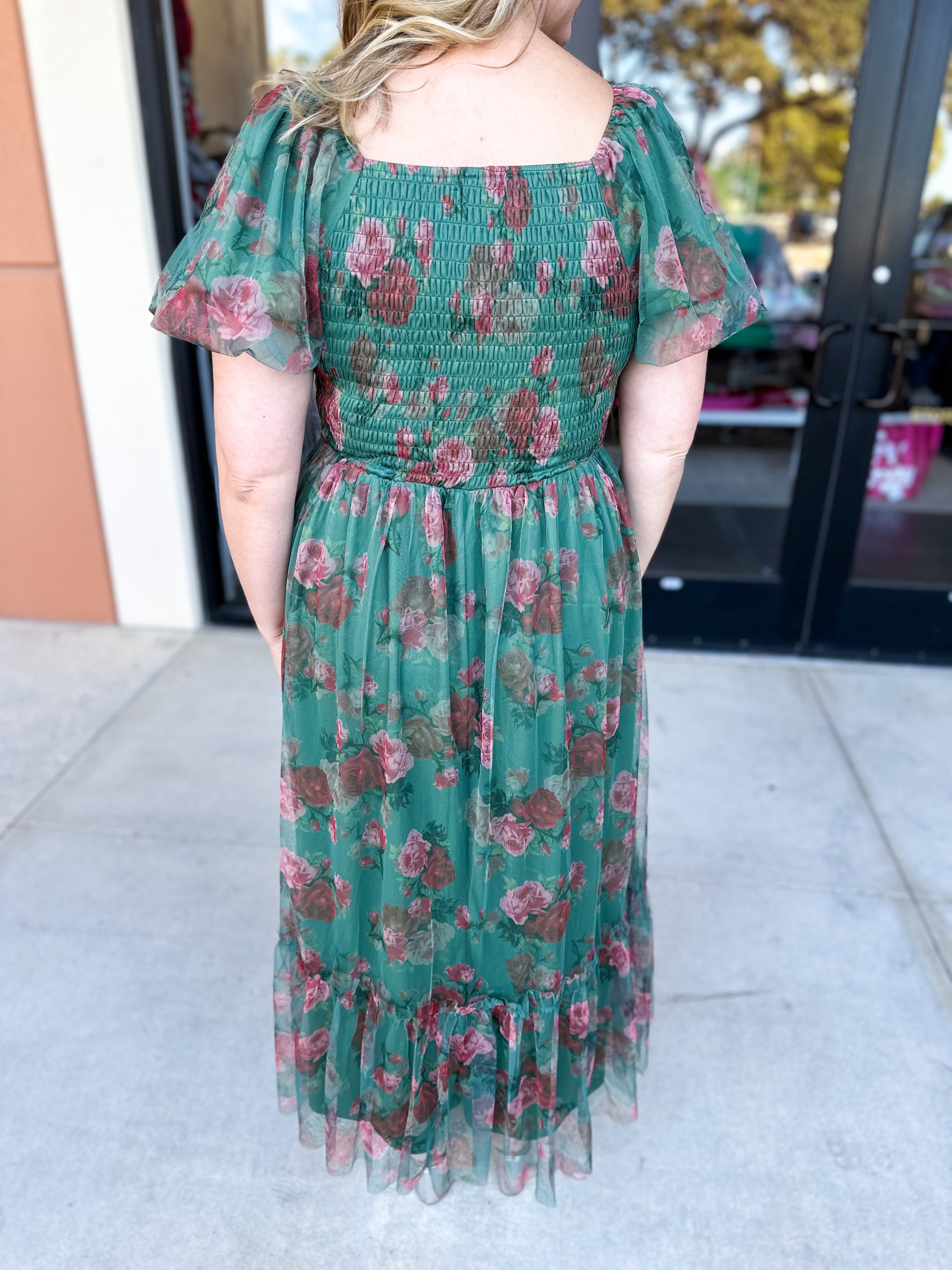 Hunter Green Garden Midi Dress-500 Midi-POLOGRAM-July & June Women's Fashion Boutique Located in San Antonio, Texas