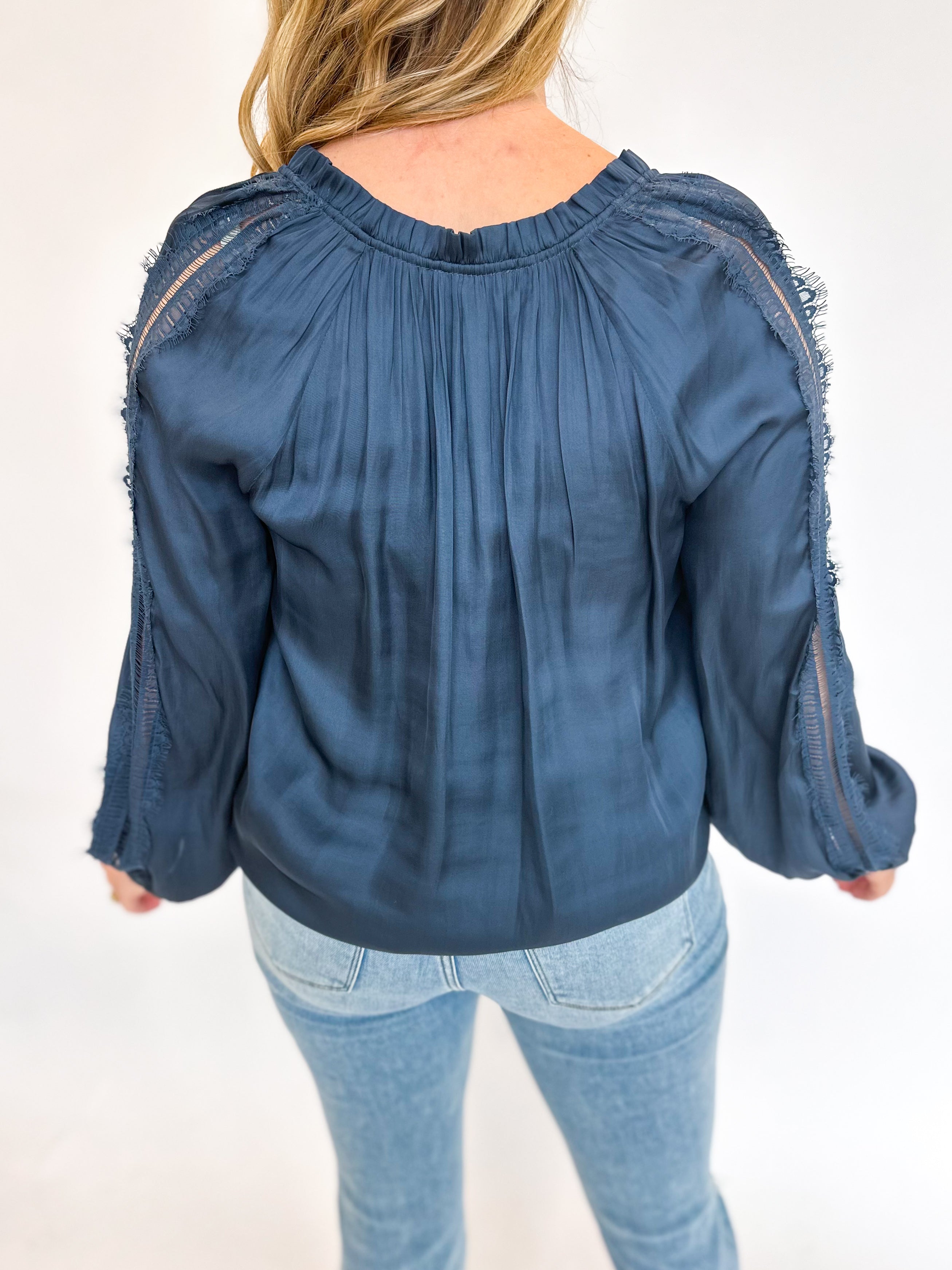 Lacey Details Blouse - True Blue-200 Fashion Blouses-CURRENT AIR CLOTHING-July & June Women's Fashion Boutique Located in San Antonio, Texas
