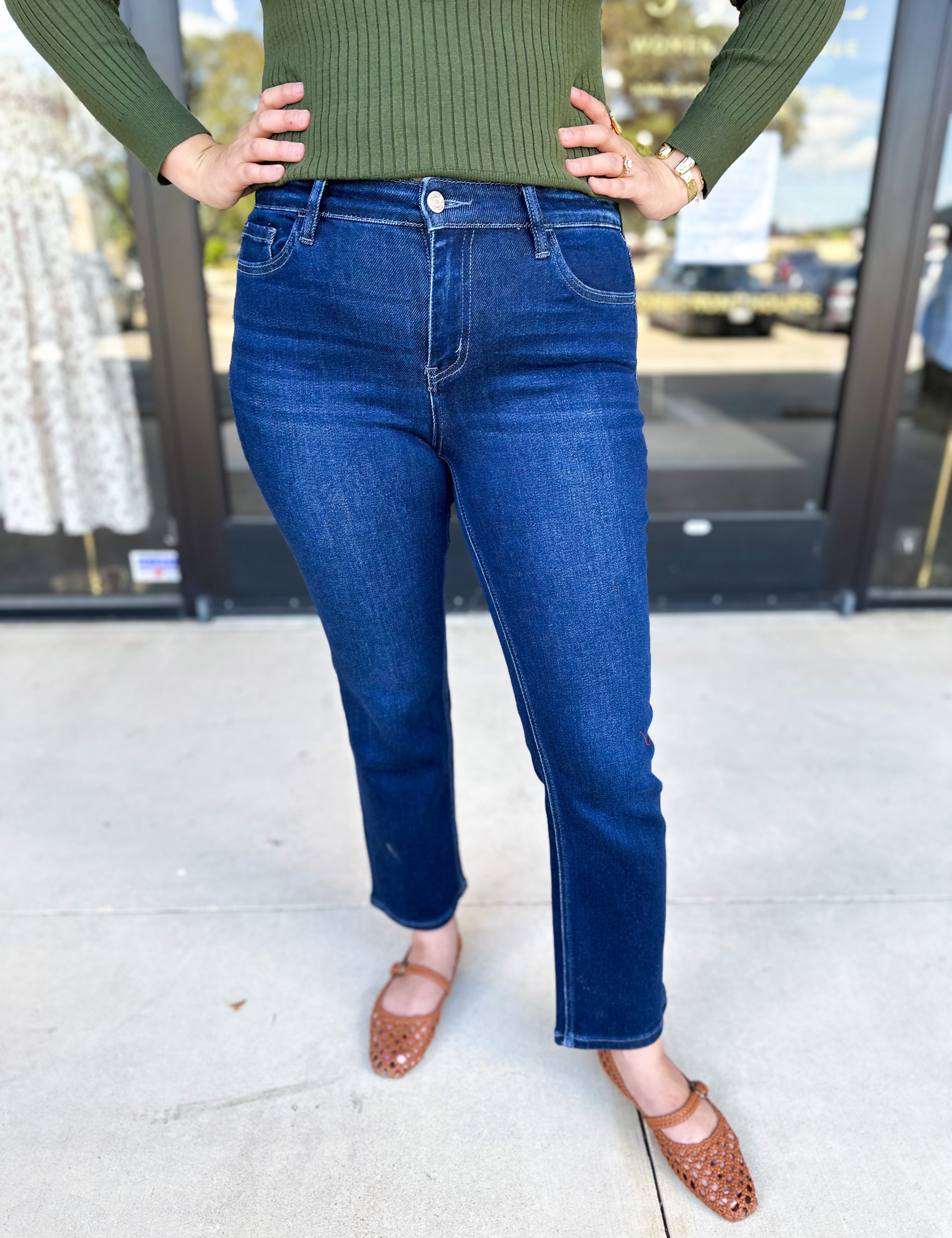 Vervet - Mid Rise Dark Wash Slim Straight Jeans-400 Pants-VEVERT BY FLYING MONKEY-July & June Women's Fashion Boutique Located in San Antonio, Texas