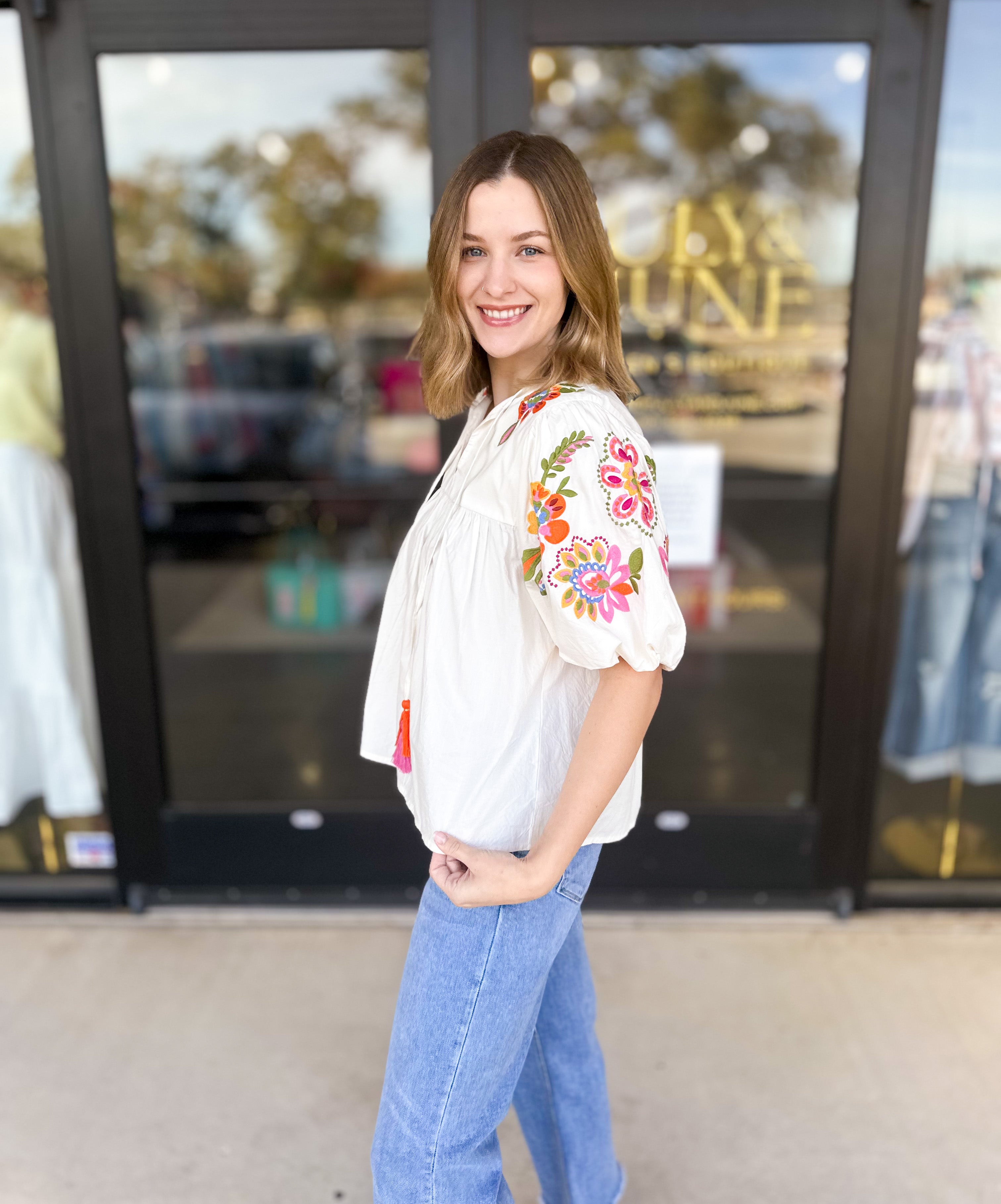 THML - Classic Ivory Embroidered Blouse-200 Fashion Blouses-THML-July & June Women's Fashion Boutique Located in San Antonio, Texas