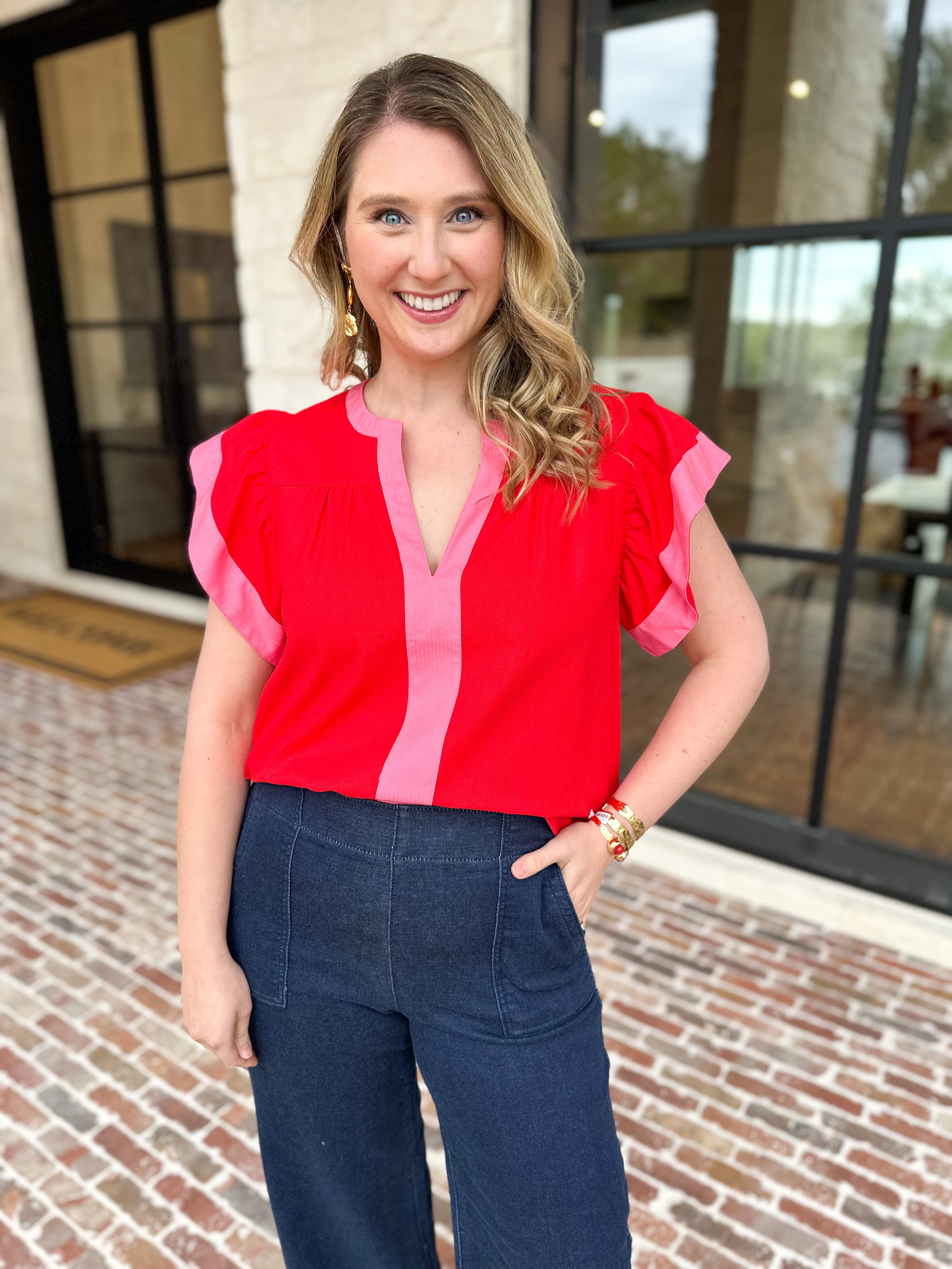 THML - Bold Flutter Sleeve Blouse-200 Fashion Blouses-THML-July & June Women's Fashion Boutique Located in San Antonio, Texas