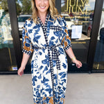 Slate Blue & Rust Watercolor Midi Dress-500 Midi-ENTRO-July & June Women's Fashion Boutique Located in San Antonio, Texas