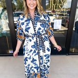 Slate Blue & Rust Watercolor Midi Dress-500 Midi-ENTRO-July & June Women's Fashion Boutique Located in San Antonio, Texas