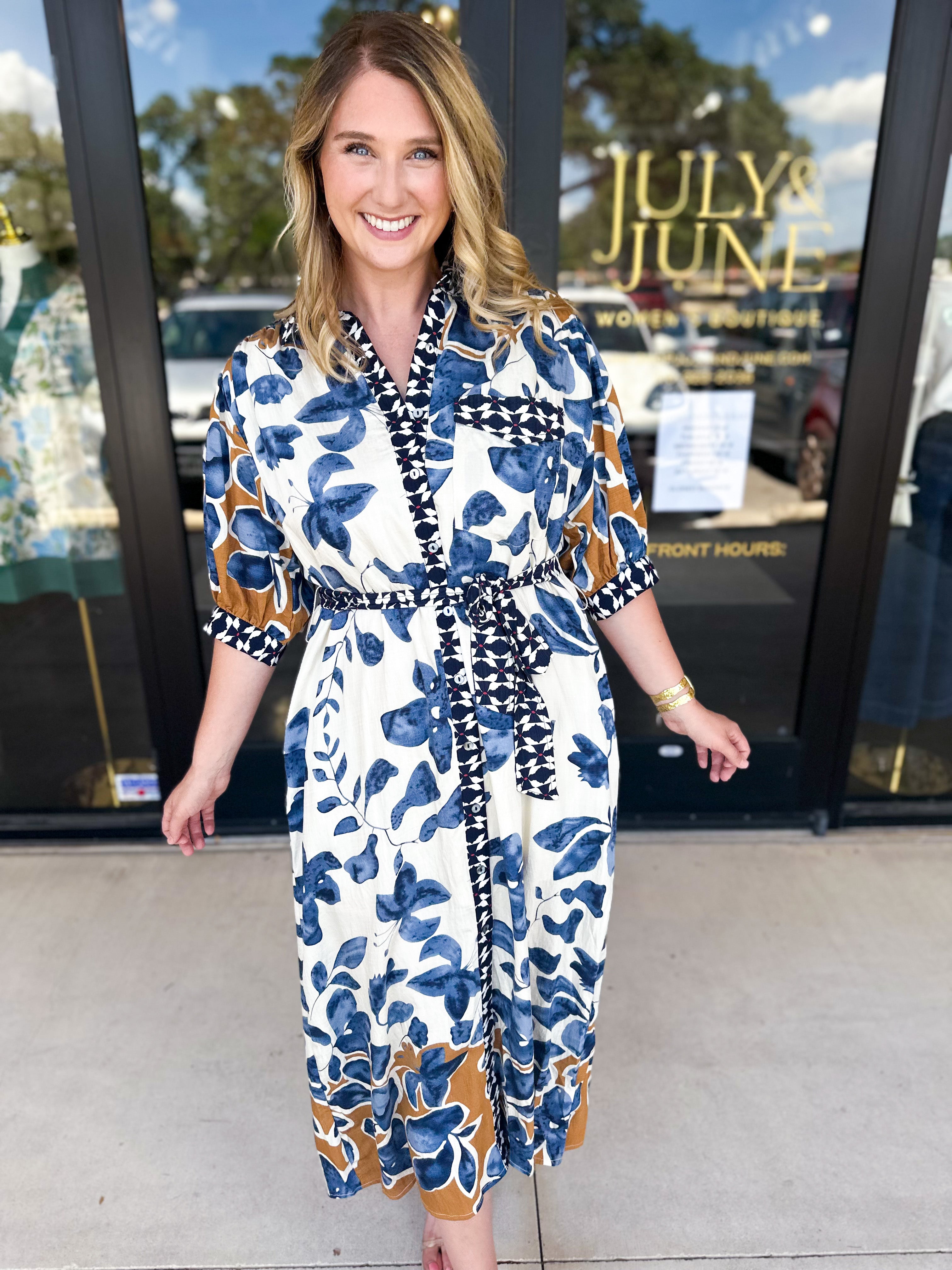 Slate Blue & Rust Watercolor Midi Dress-500 Midi-ENTRO-July & June Women's Fashion Boutique Located in San Antonio, Texas