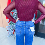 Sheer Rhinestone Long Sleeve Top - Burgundy-200 Fashion Blouses-SKIES ARE BLUE-July & June Women's Fashion Boutique Located in San Antonio, Texas