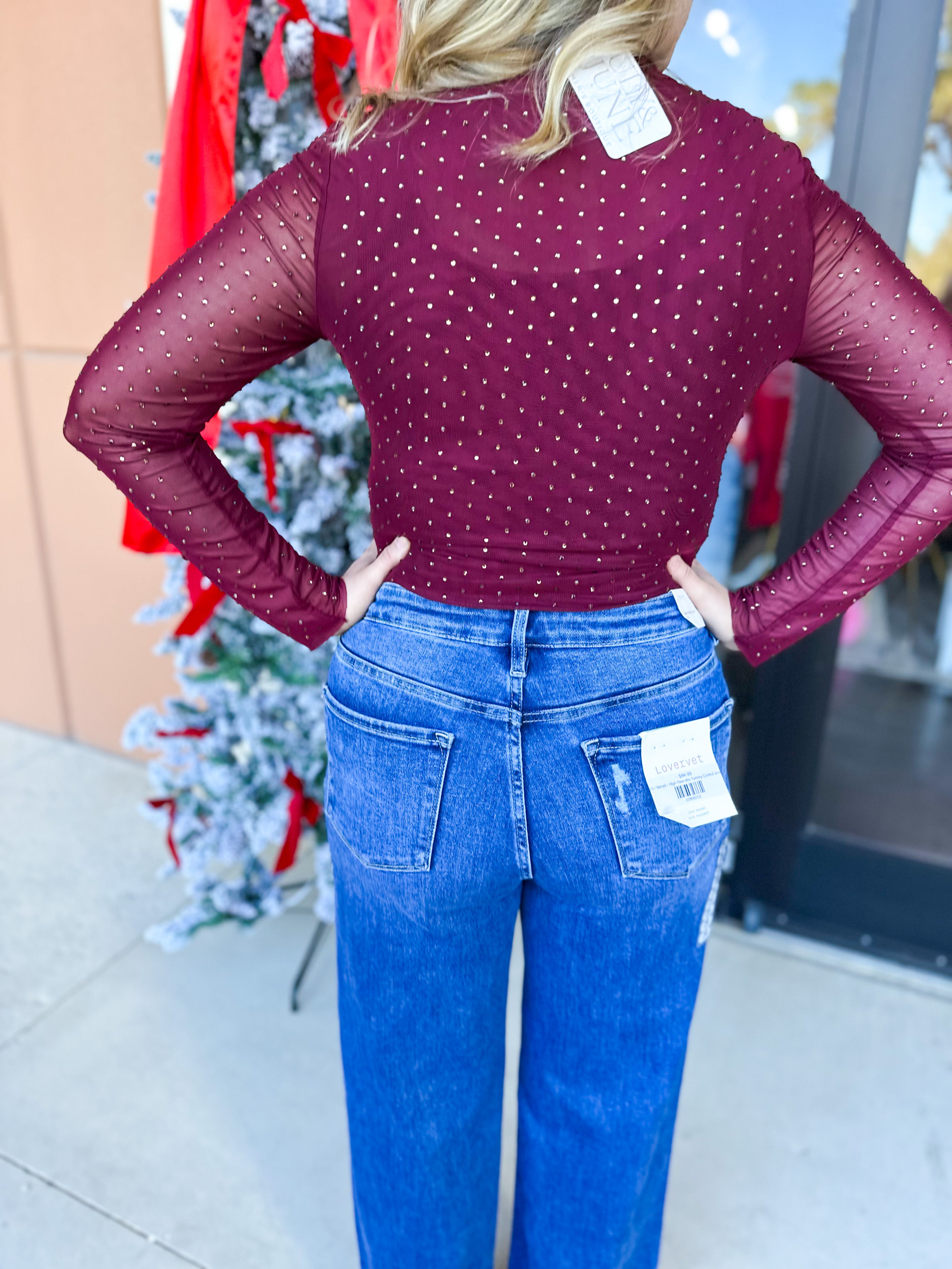 Sheer Rhinestone Long Sleeve Top - Burgundy-200 Fashion Blouses-SKIES ARE BLUE-July & June Women's Fashion Boutique Located in San Antonio, Texas