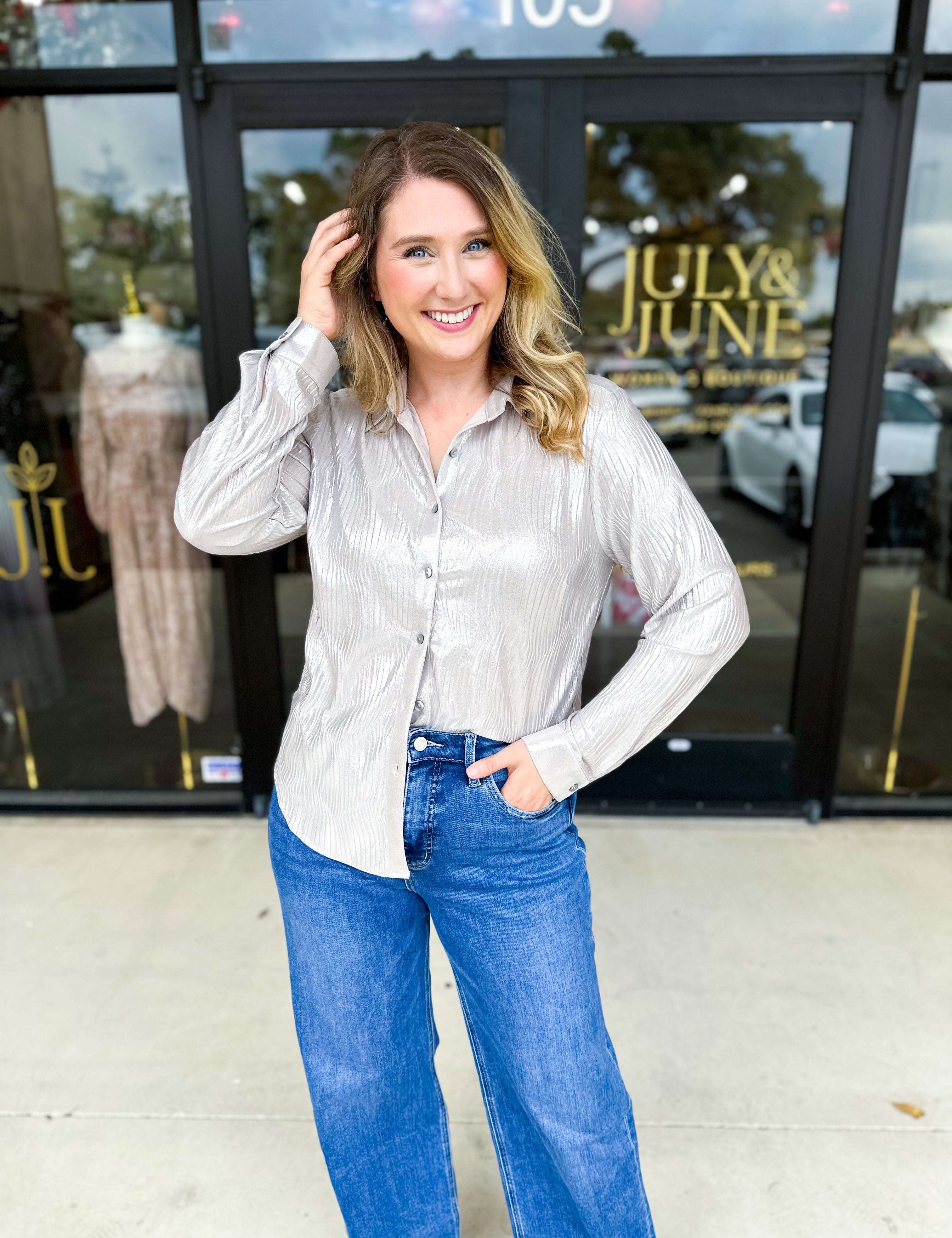 Shimmer Button Down Blouse - Silver Mist-200 Fashion Blouses-ALLIE ROSE-July & June Women's Fashion Boutique Located in San Antonio, Texas