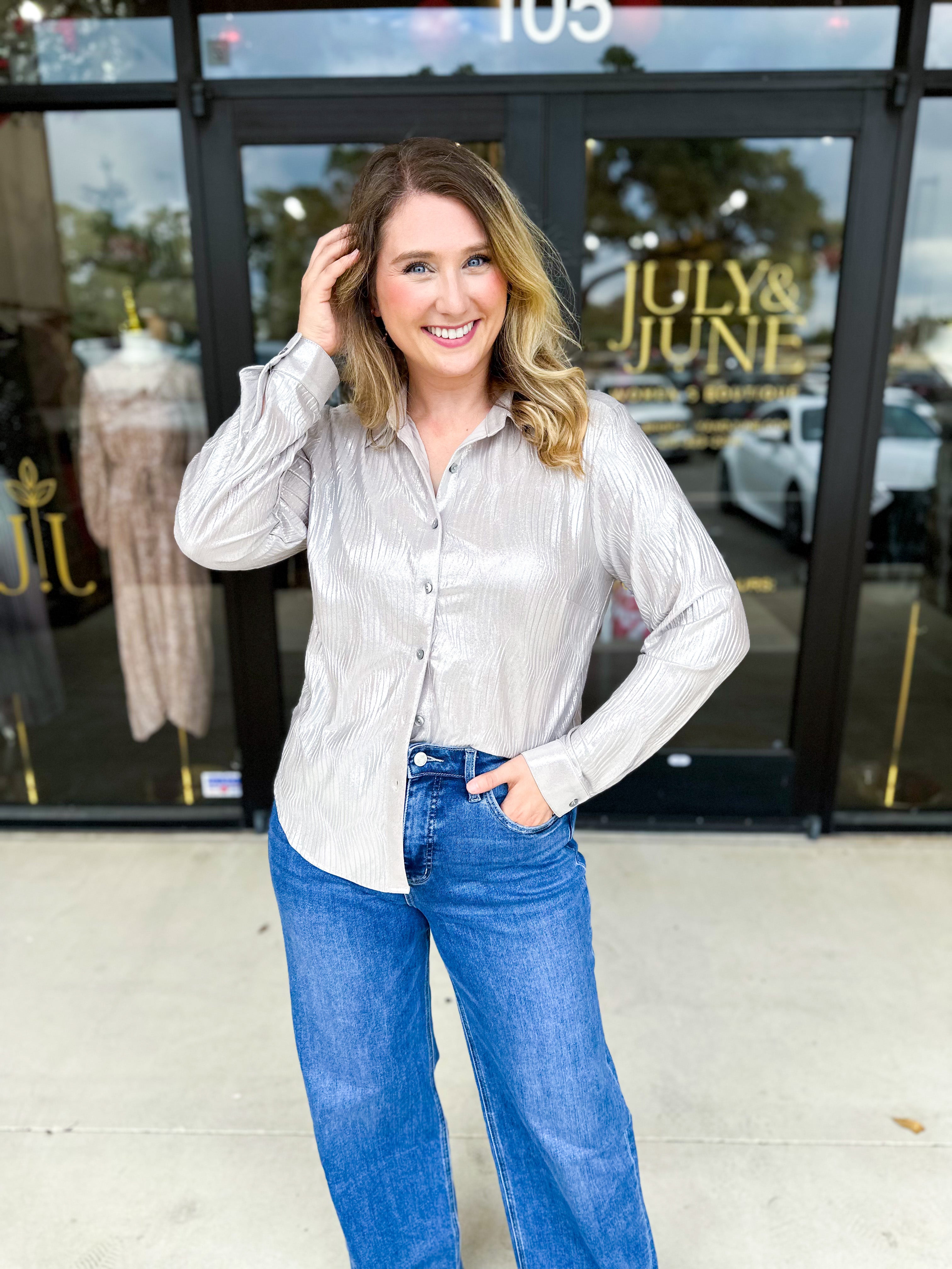 Shimmer Button Down Blouse - Silver Mist-200 Fashion Blouses-ALLIE ROSE-July & June Women's Fashion Boutique Located in San Antonio, Texas