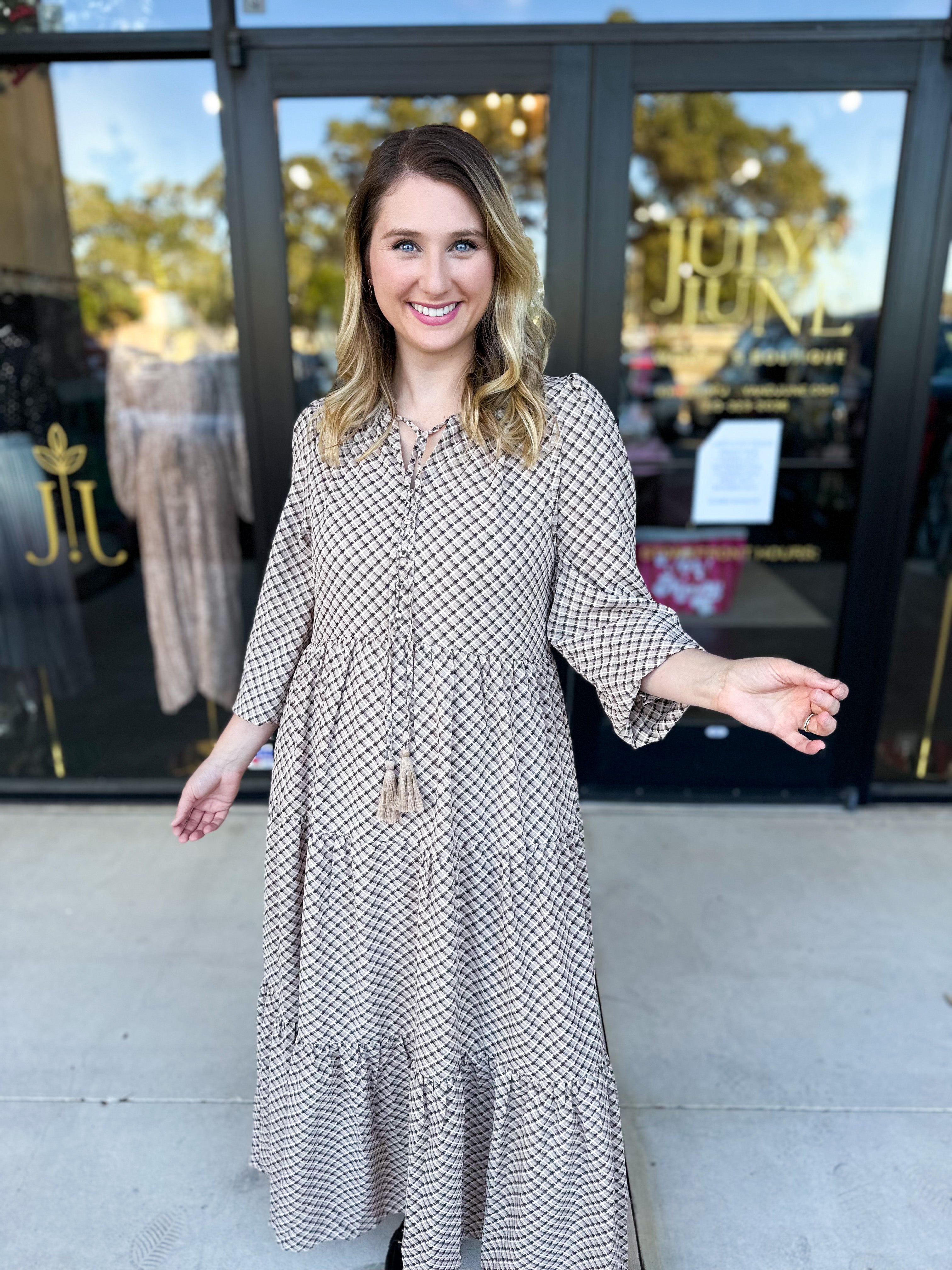 Taupe & Black Midi Dress-500 Midi-POLOGRAM-July & June Women's Fashion Boutique Located in San Antonio, Texas
