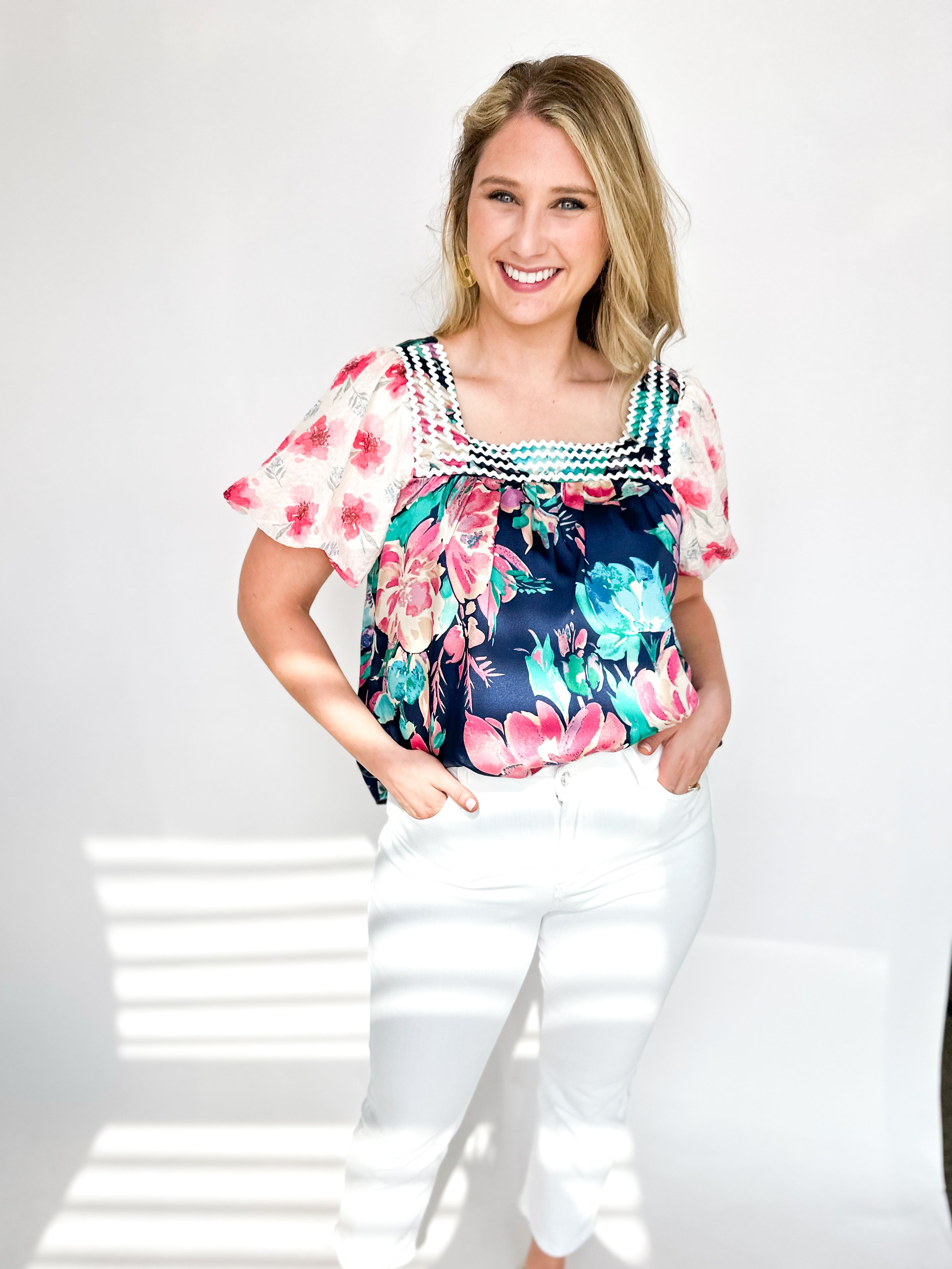 Sweet Florals Blouse-200 Fashion Blouses-JODIFL-July & June Women's Fashion Boutique Located in San Antonio, Texas