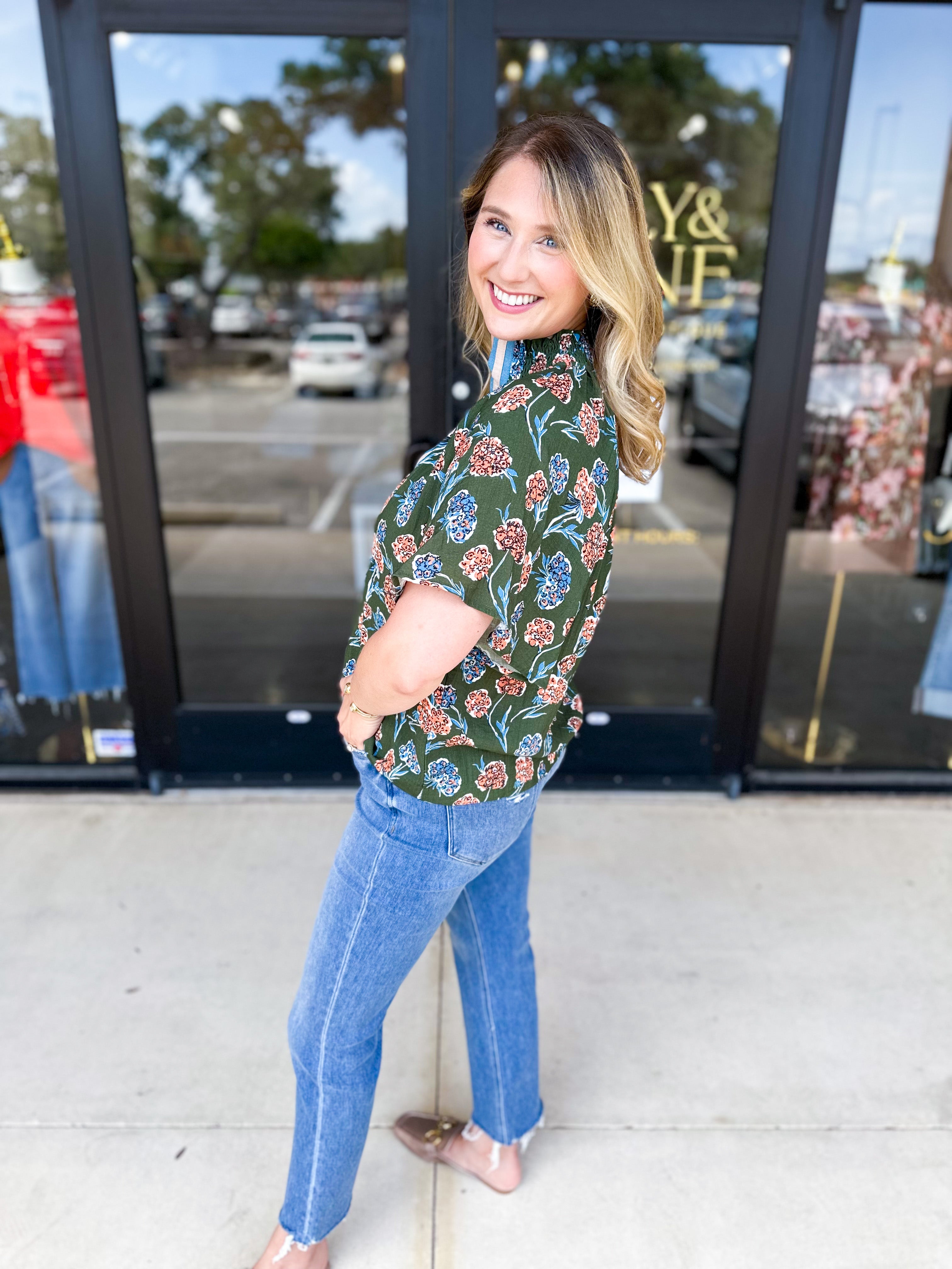 THML - Olive & Blush Floral Blouse-200 Fashion Blouses-THML-July & June Women's Fashion Boutique Located in San Antonio, Texas