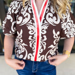 THML - Mocha Scroll Blouse-200 Fashion Blouses-THML-July & June Women's Fashion Boutique Located in San Antonio, Texas