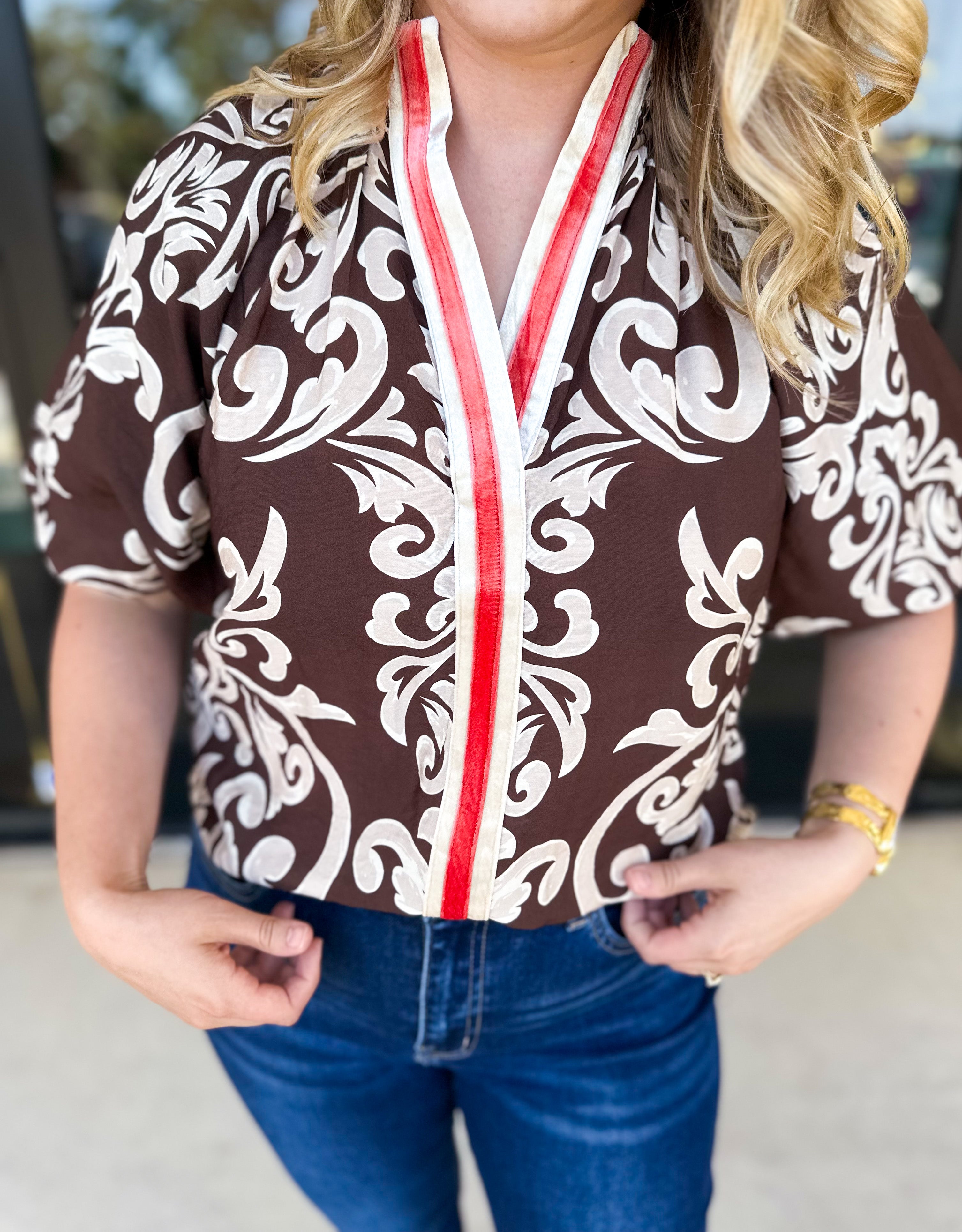 THML - Mocha Scroll Blouse-200 Fashion Blouses-THML-July & June Women's Fashion Boutique Located in San Antonio, Texas