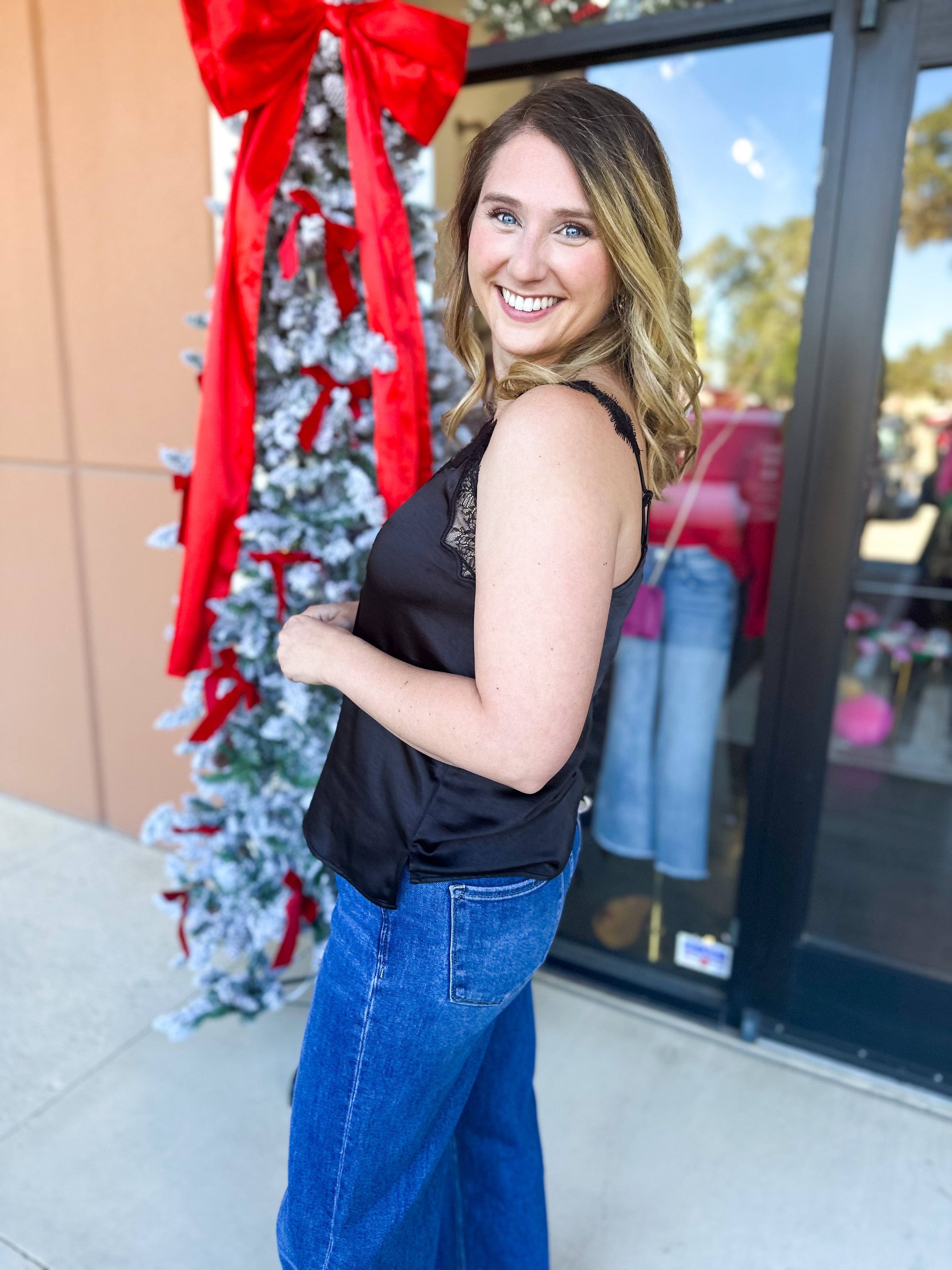 Satin Chic Cami - Black-200 Fashion Blouses-SKIES ARE BLUE-July & June Women's Fashion Boutique Located in San Antonio, Texas