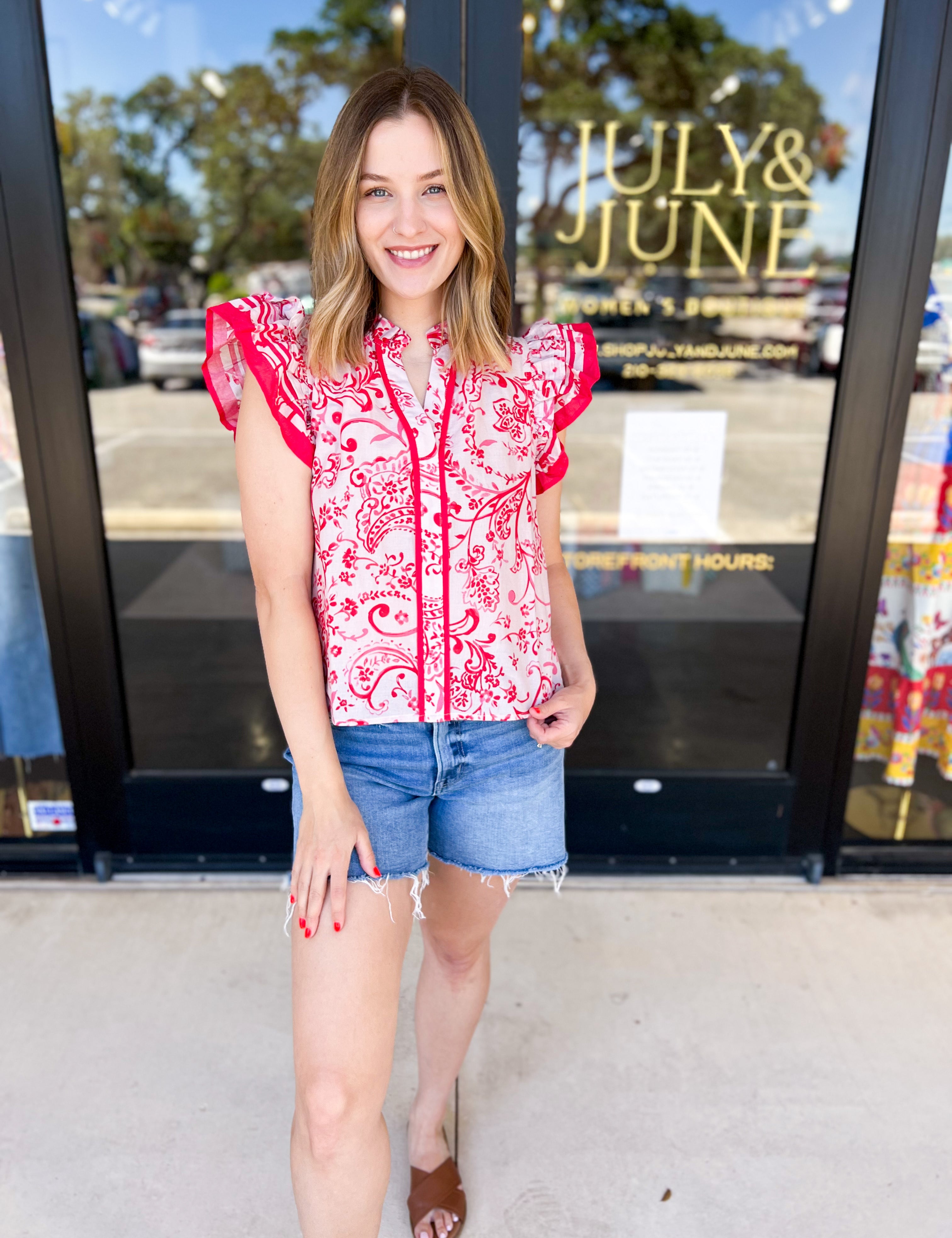 Red & Pink Paisley Blouse-200 Fashion Blouses-PINCH-July & June Women's Fashion Boutique Located in San Antonio, Texas