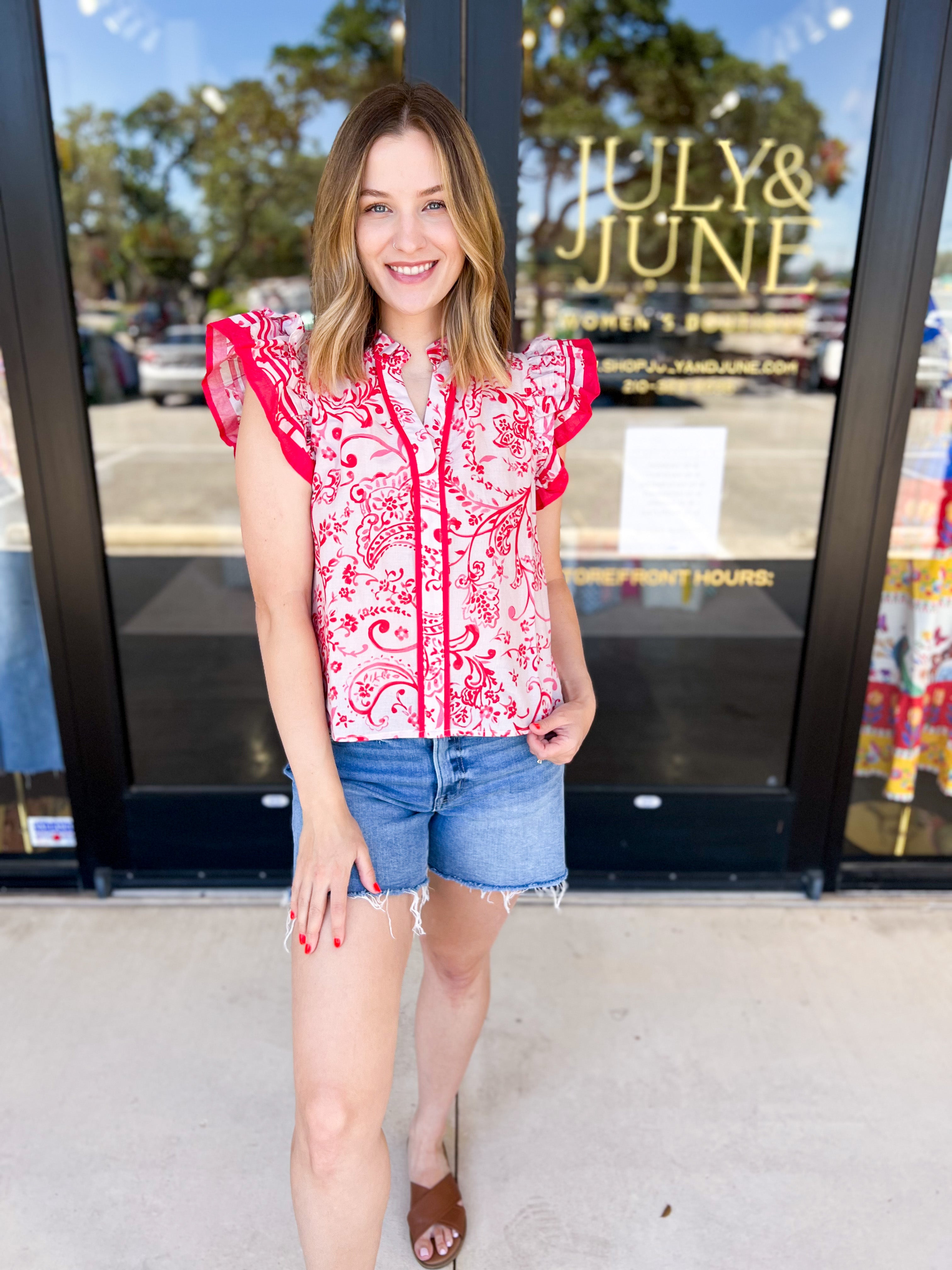 Red & Pink Paisley Blouse-200 Fashion Blouses-PINCH-July & June Women's Fashion Boutique Located in San Antonio, Texas