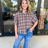 Brown Flannel Blouse-200 Fashion Blouses-POLOGRAM-July & June Women's Fashion Boutique Located in San Antonio, Texas