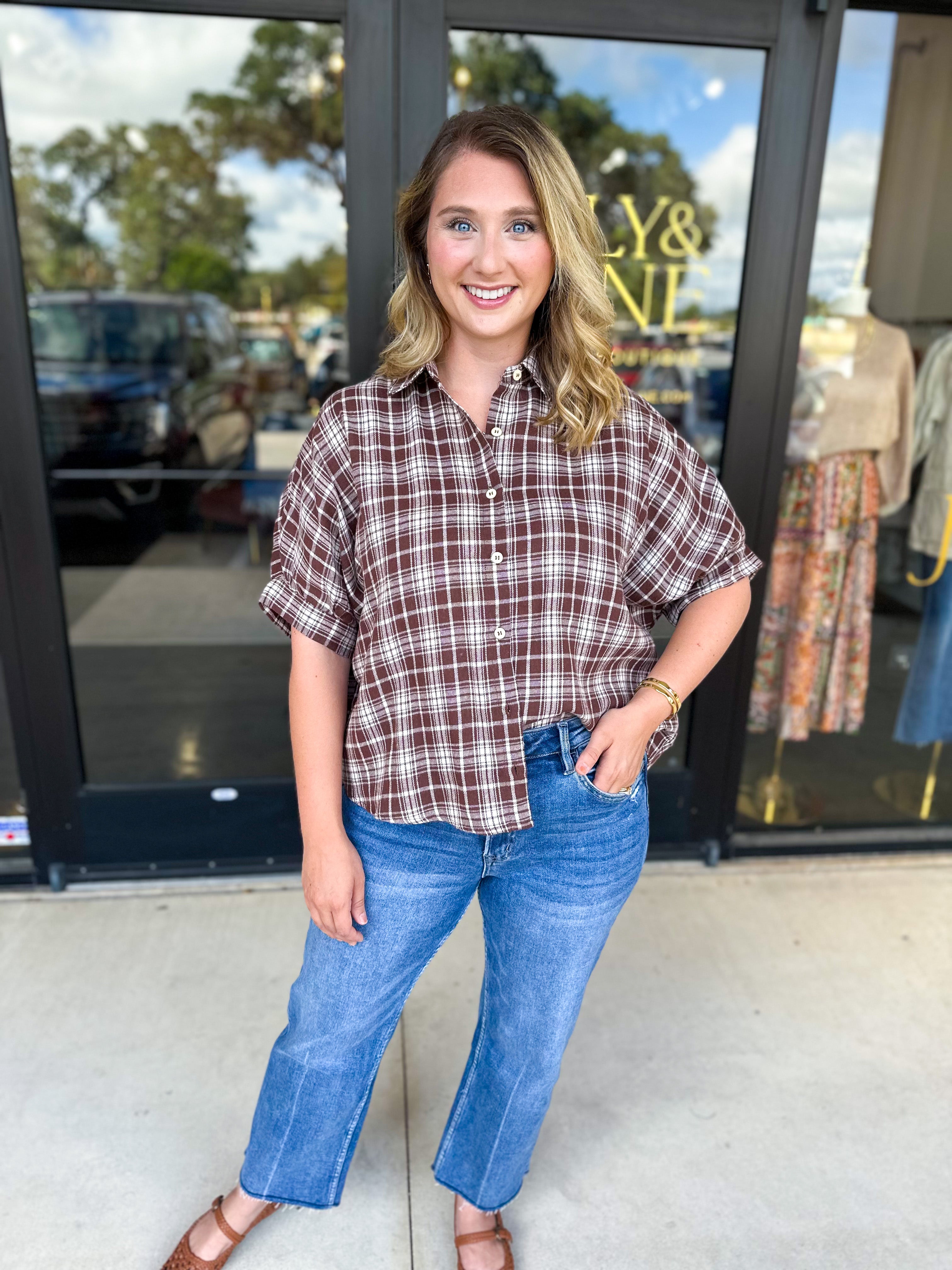 Brown Flannel Blouse-200 Fashion Blouses-POLOGRAM-July & June Women's Fashion Boutique Located in San Antonio, Texas
