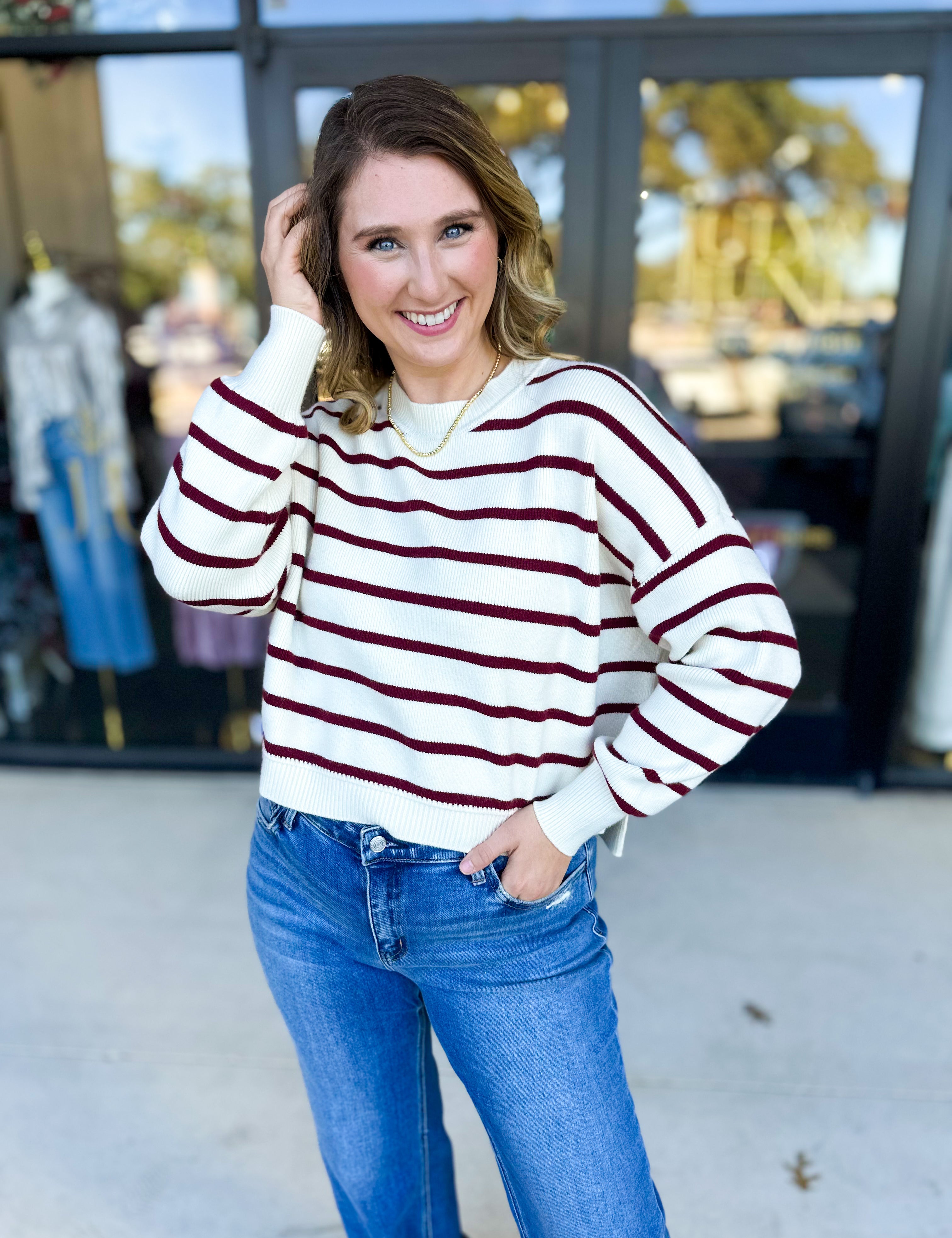 Ivory & Burgundy Sweater Top-230 Sweaters/Cardis-SKIES ARE BLUE-July & June Women's Fashion Boutique Located in San Antonio, Texas