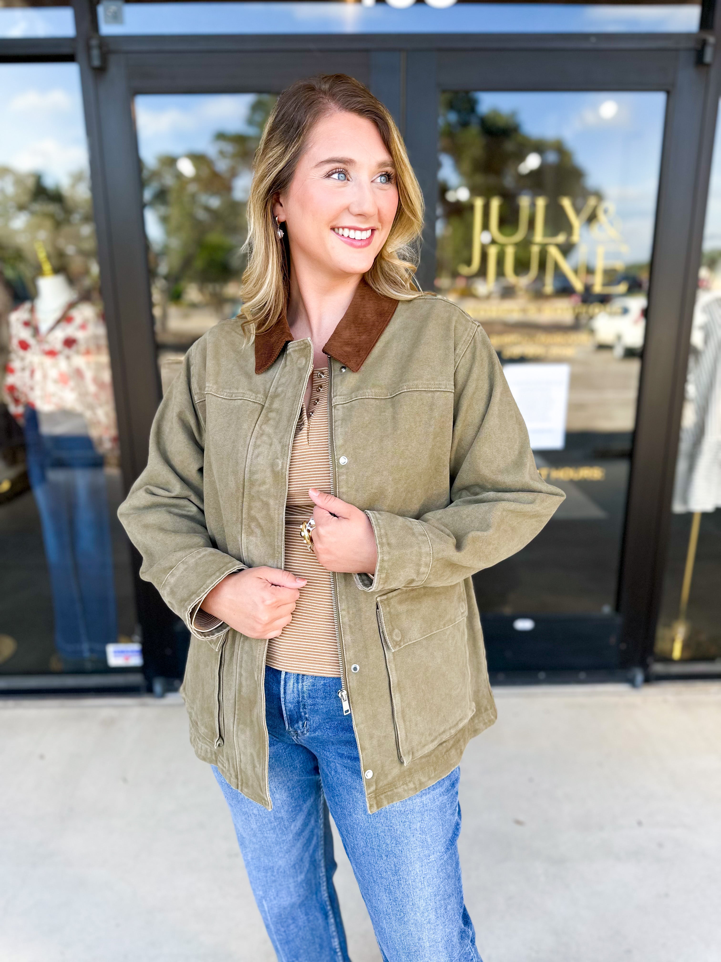 Barn Jacket - Olive-600 Outerwear-AARON & AMBER-July & June Women's Fashion Boutique Located in San Antonio, Texas