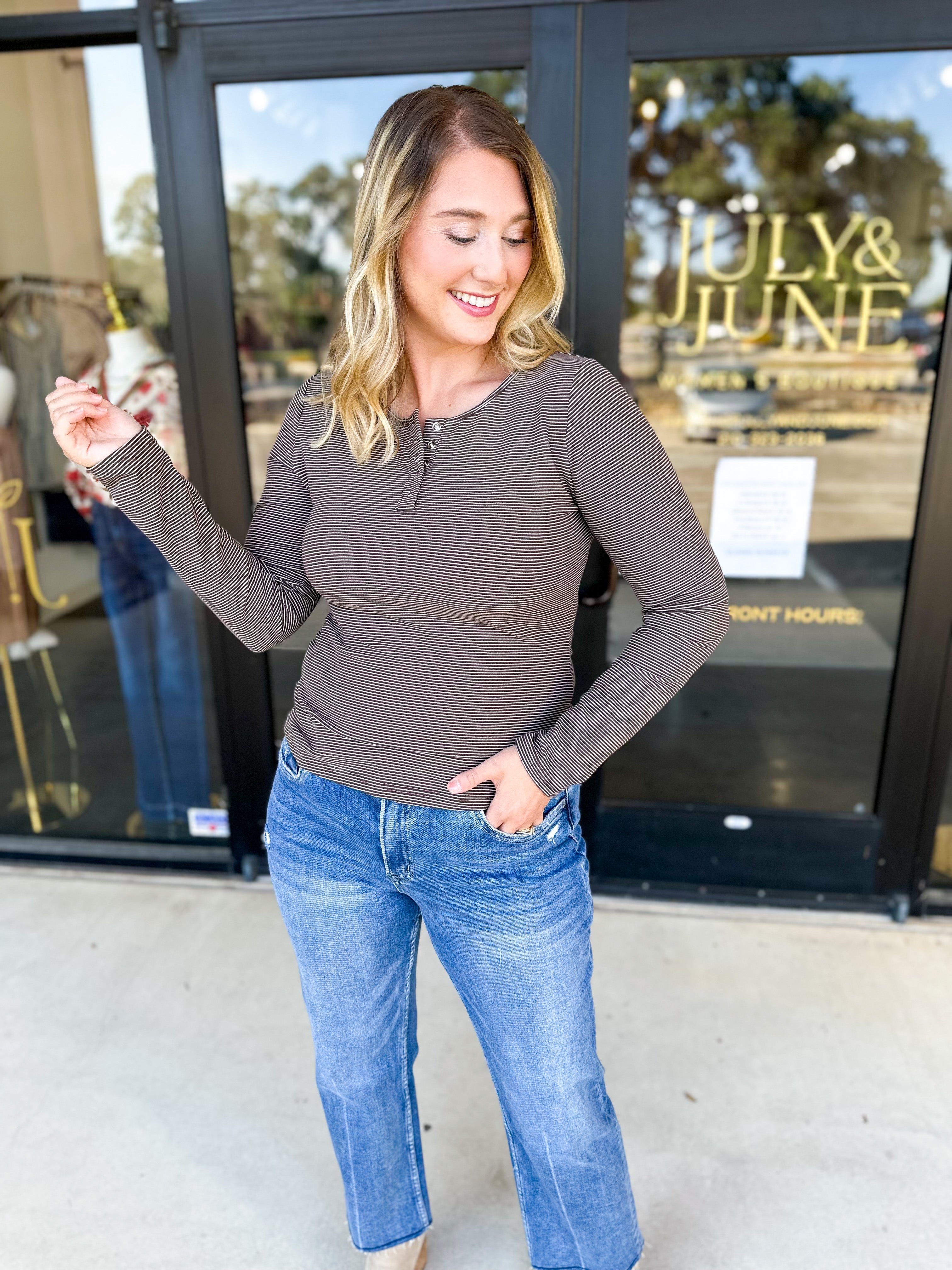 Henley Long Sleeve Basic Top - Brown-210 Casual Blouses-POLOGRAM-July & June Women's Fashion Boutique Located in San Antonio, Texas