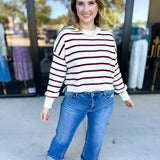 Ivory & Burgundy Sweater Top-230 Sweaters/Cardis-SKIES ARE BLUE-July & June Women's Fashion Boutique Located in San Antonio, Texas