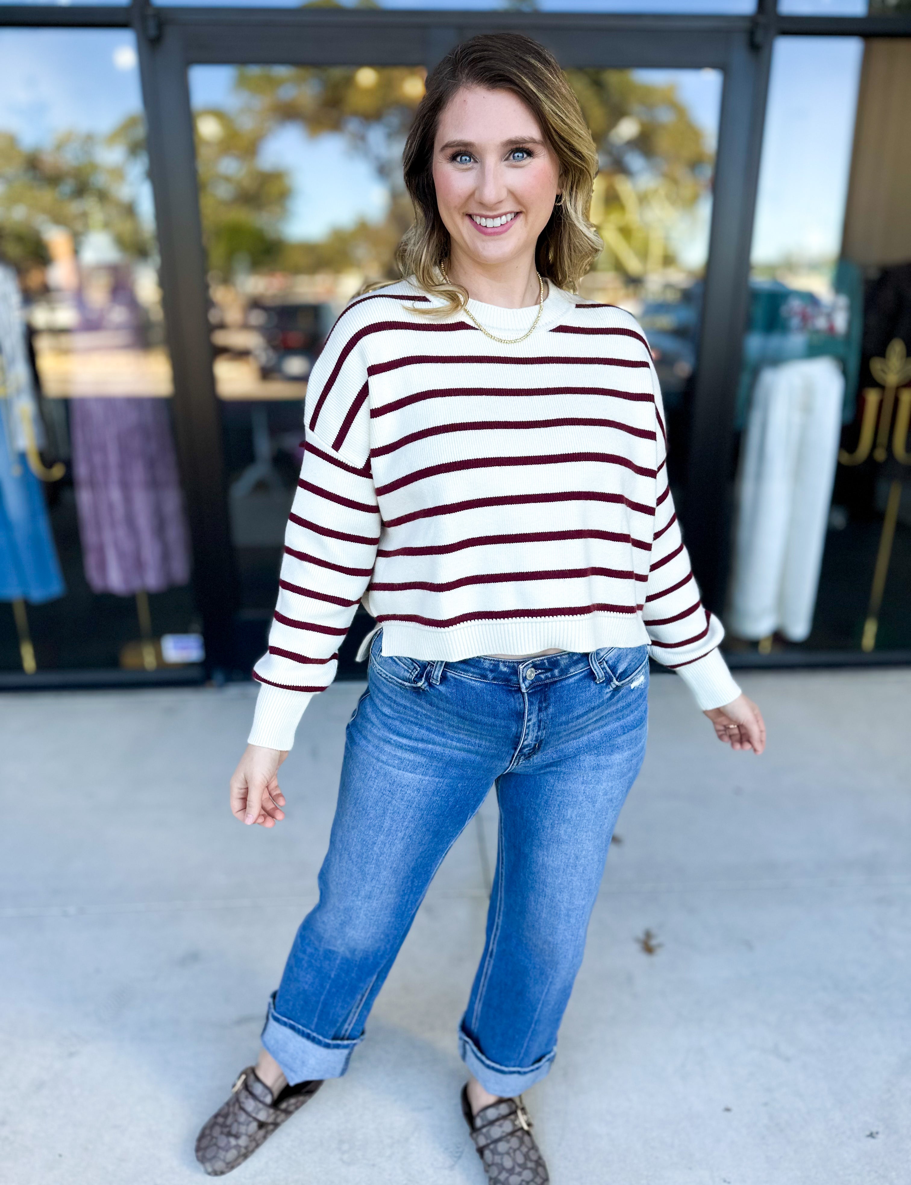 Ivory & Burgundy Sweater Top-230 Sweaters/Cardis-SKIES ARE BLUE-July & June Women's Fashion Boutique Located in San Antonio, Texas
