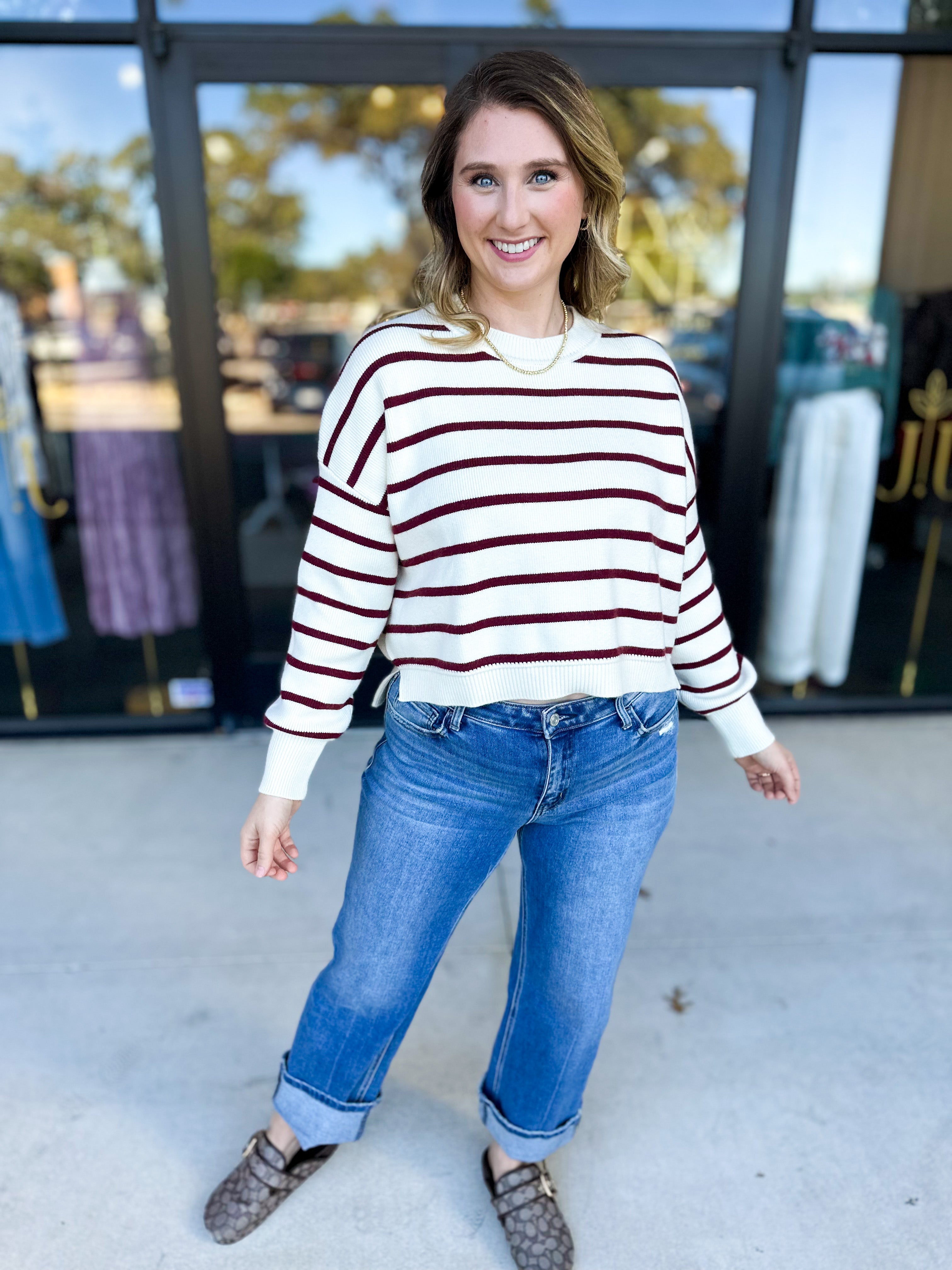 Ivory & Burgundy Sweater Top-230 Sweaters/Cardis-SKIES ARE BLUE-July & June Women's Fashion Boutique Located in San Antonio, Texas