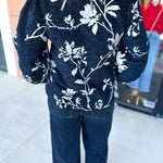 Ivory & Black Floral Blouse-200 Fashion Blouses-JODIFL-July & June Women's Fashion Boutique Located in San Antonio, Texas