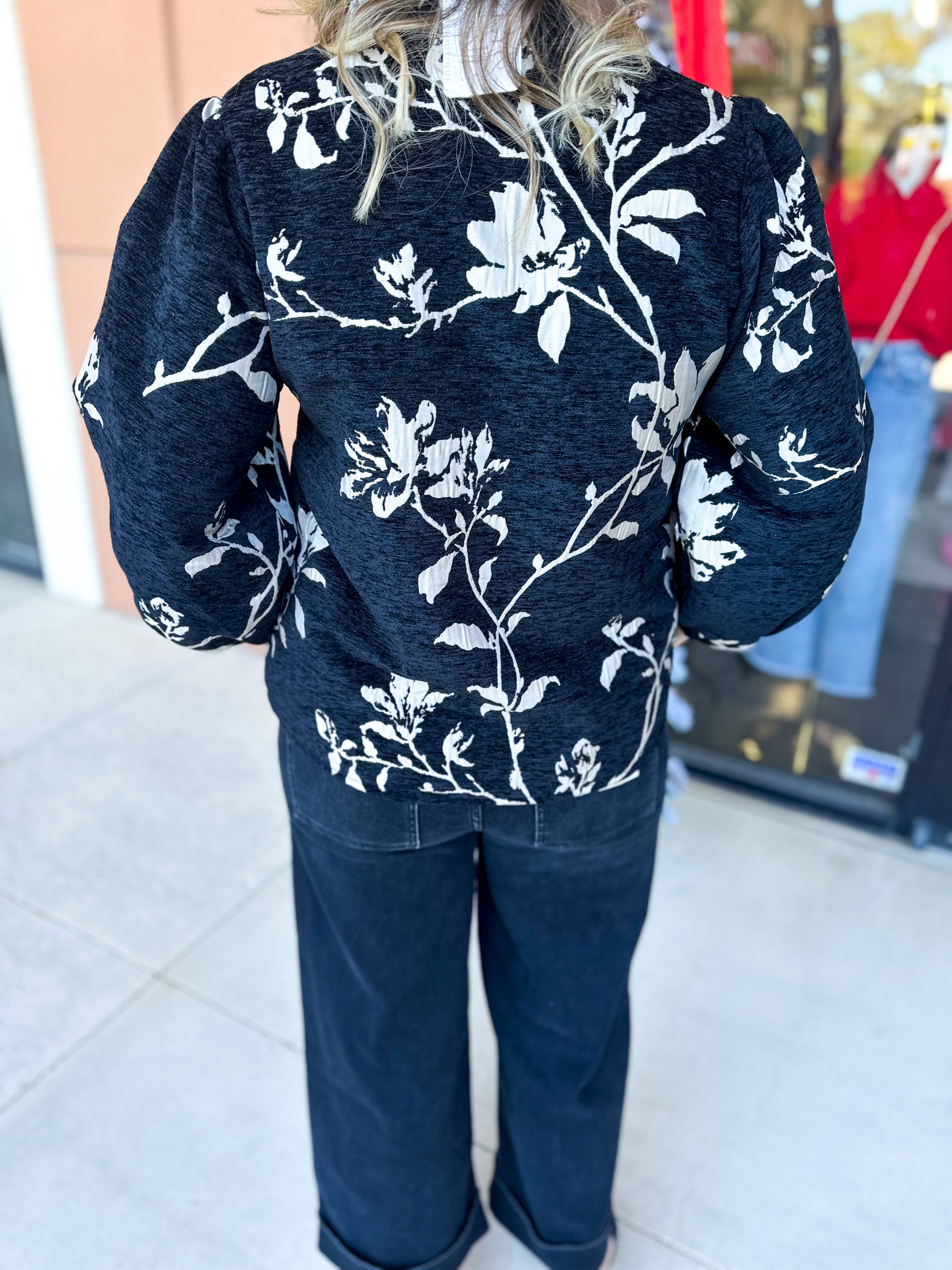 Ivory & Black Floral Blouse-200 Fashion Blouses-JODIFL-July & June Women's Fashion Boutique Located in San Antonio, Texas
