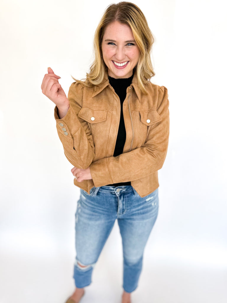 Camel Puff Sleeve Suede Jacket-600 Outerwear-FATE-July & June Women's Fashion Boutique Located in San Antonio, Texas
