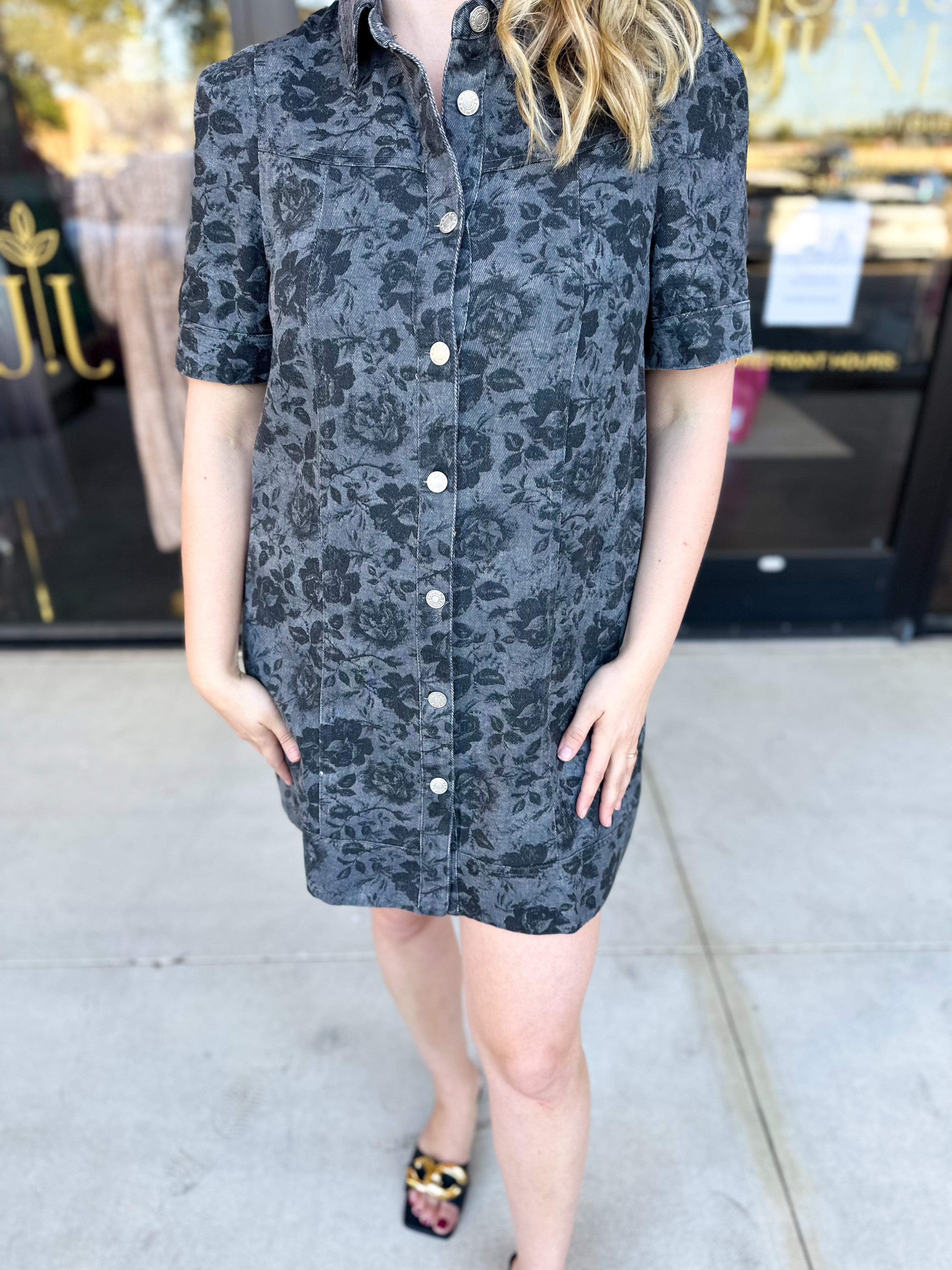 The Rosie Denim Mini Dress - Charcoal-510 Mini-ENTRO-July & June Women's Fashion Boutique Located in San Antonio, Texas