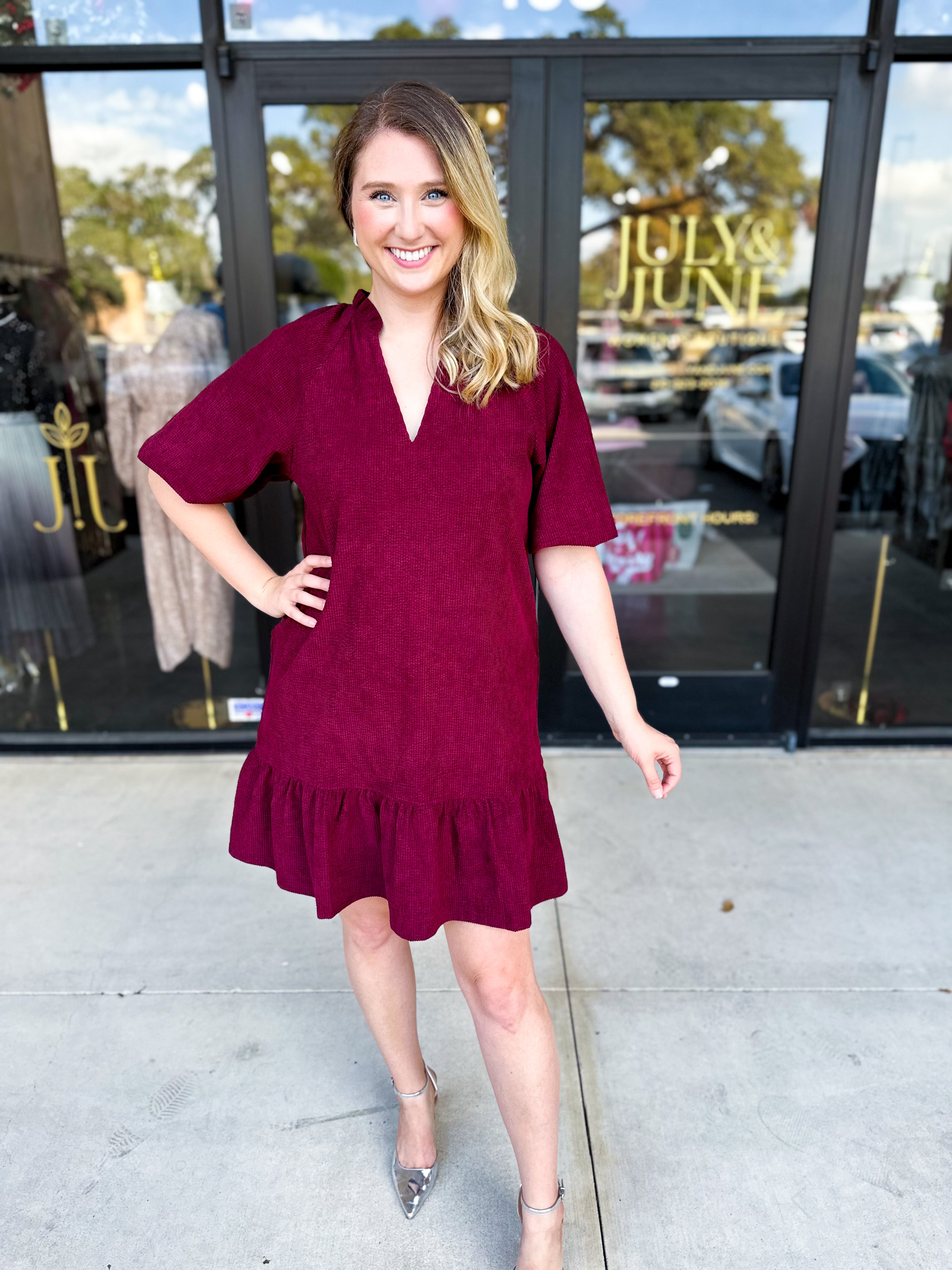 THML- Maroon Corduroy Mini Dress-510 Mini-THML-July & June Women's Fashion Boutique Located in San Antonio, Texas