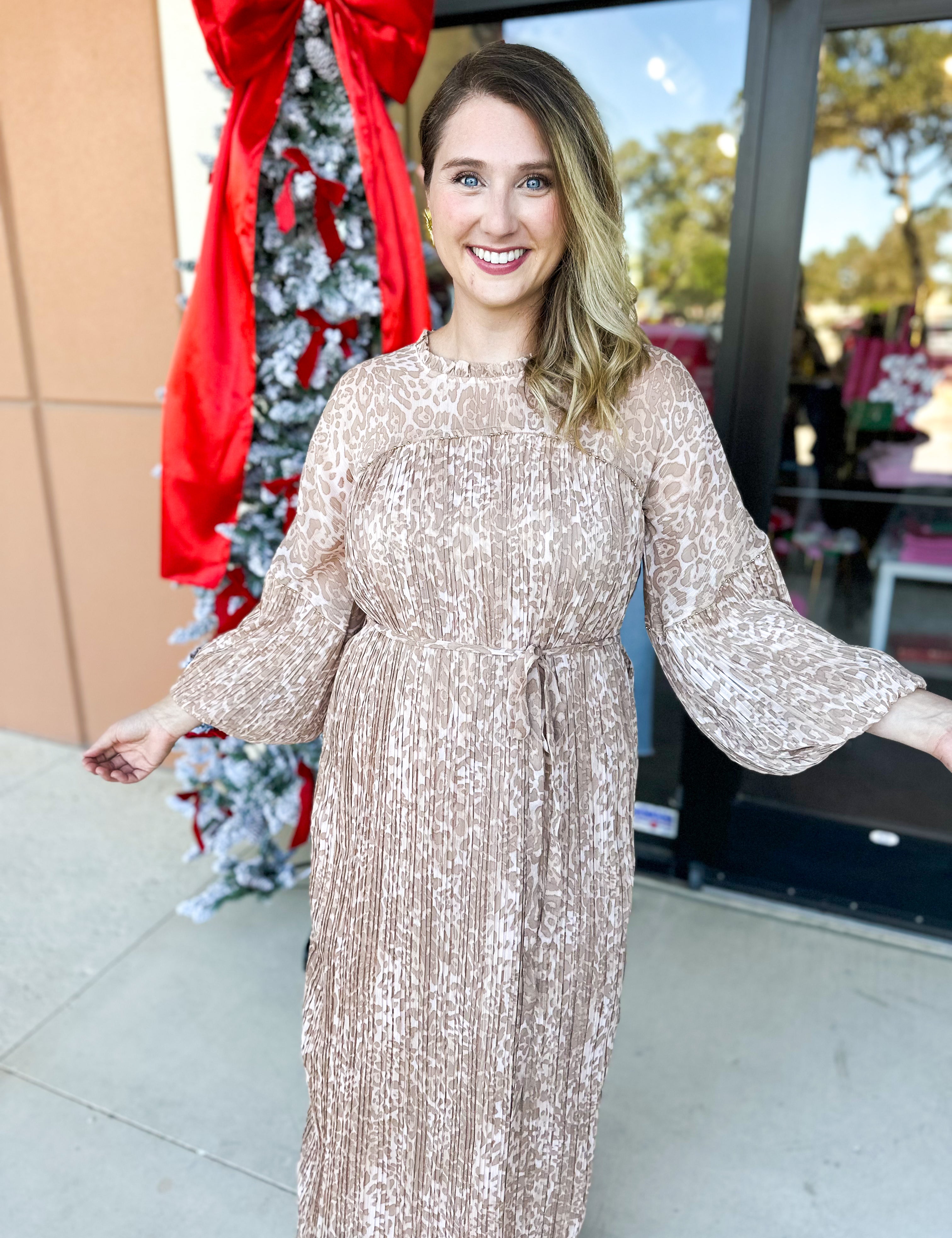 Champagne Cheetah Midi Dress-500 Midi-FATE-July & June Women's Fashion Boutique Located in San Antonio, Texas