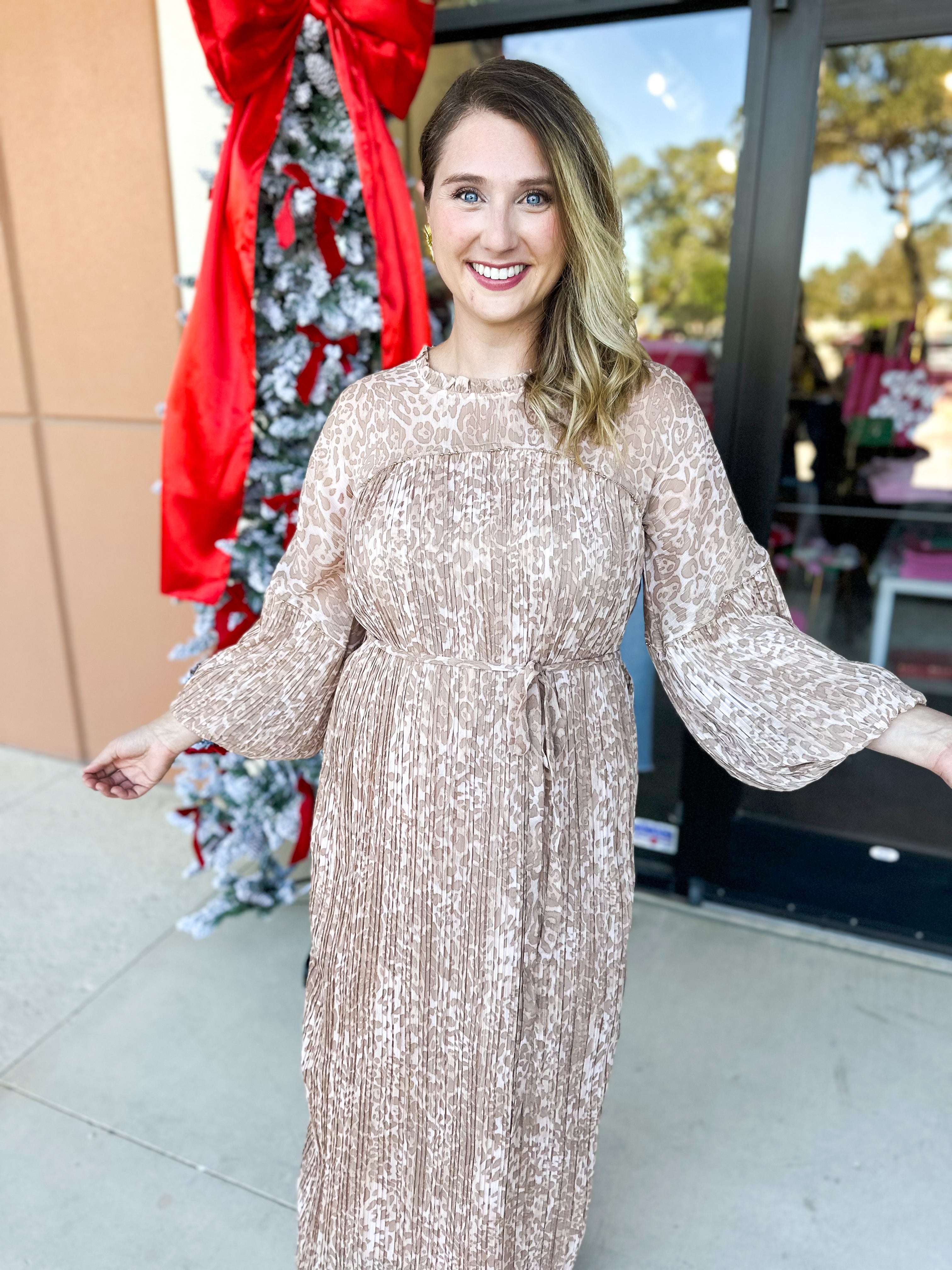 Champagne Cheetah Midi Dress-500 Midi-FATE-July & June Women's Fashion Boutique Located in San Antonio, Texas