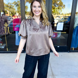Pink Friday Doorbuster - Puff Sleeve Satin Blouse - Mocha - ONLINE-PINK FRIDAY DOORBUSTERS-GLAM-July & June Women's Fashion Boutique Located in San Antonio, Texas