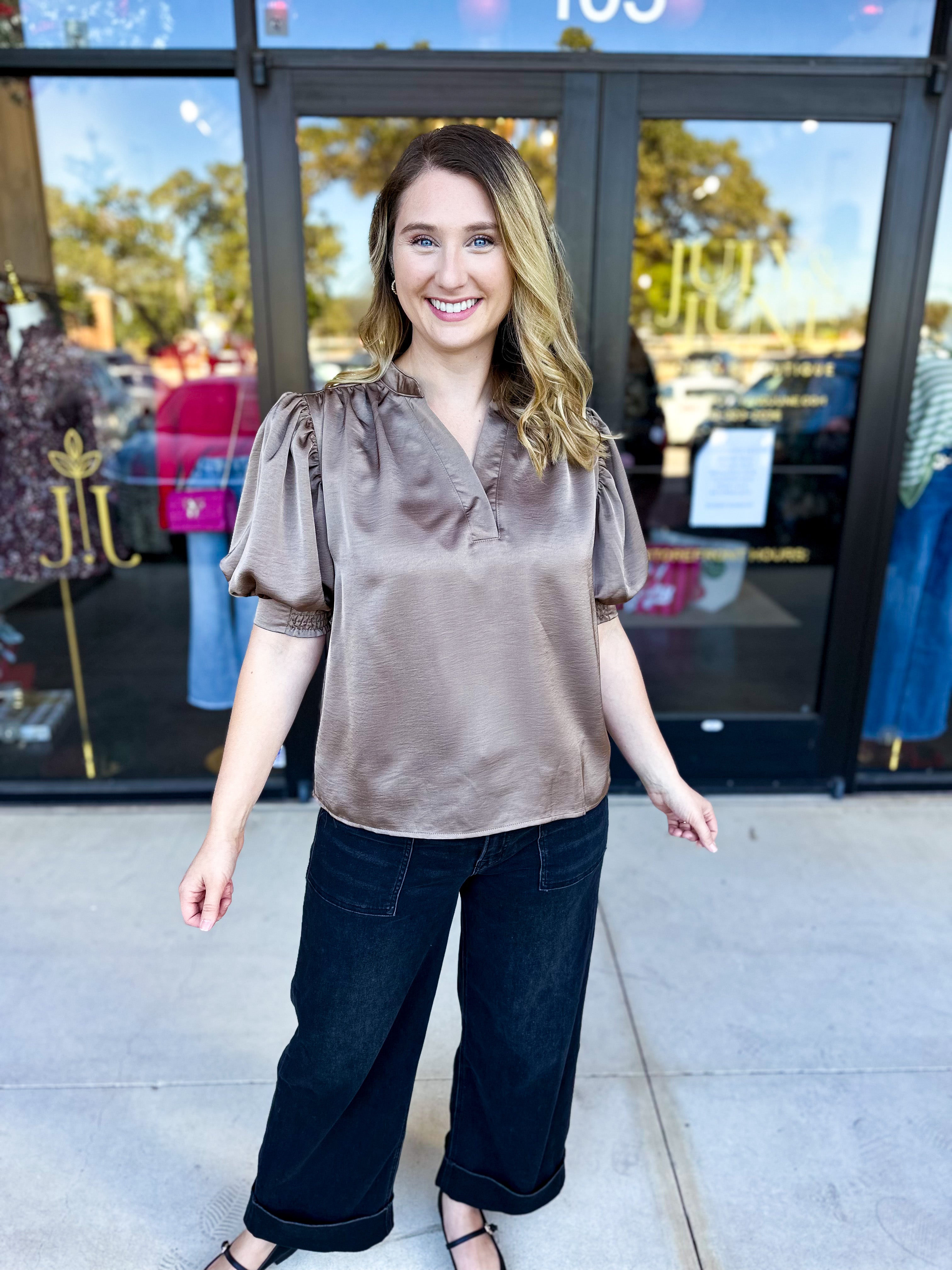 Pink Friday Doorbuster - Puff Sleeve Satin Blouse - Mocha - ONLINE-PINK FRIDAY DOORBUSTERS-GLAM-July & June Women's Fashion Boutique Located in San Antonio, Texas