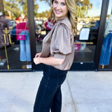 Pink Friday Doorbuster - Puff Sleeve Satin Blouse - Mocha - ONLINE-PINK FRIDAY DOORBUSTERS-GLAM-July & June Women's Fashion Boutique Located in San Antonio, Texas