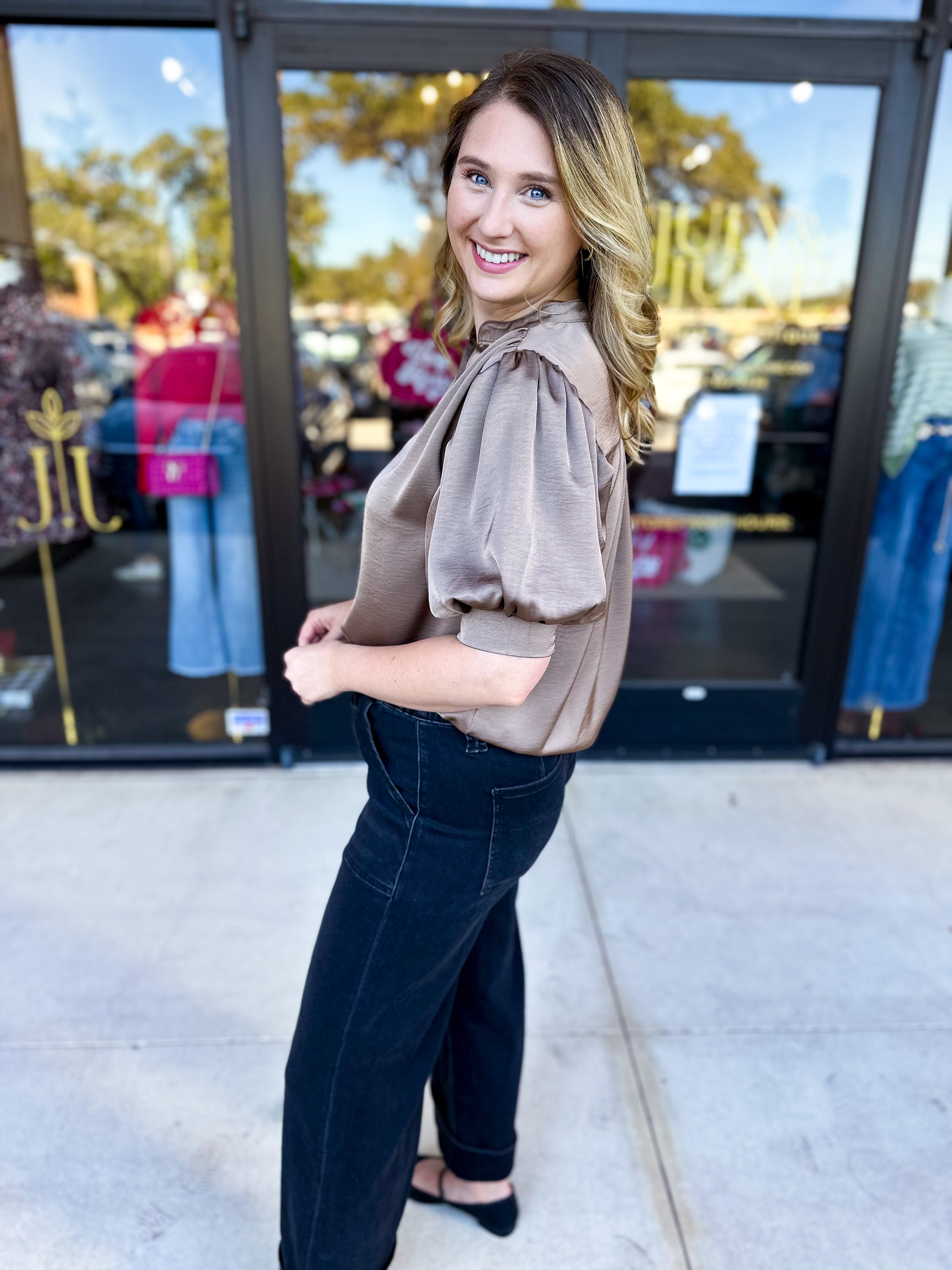 Pink Friday Doorbuster - Puff Sleeve Satin Blouse - Mocha - ONLINE-PINK FRIDAY DOORBUSTERS-GLAM-July & June Women's Fashion Boutique Located in San Antonio, Texas