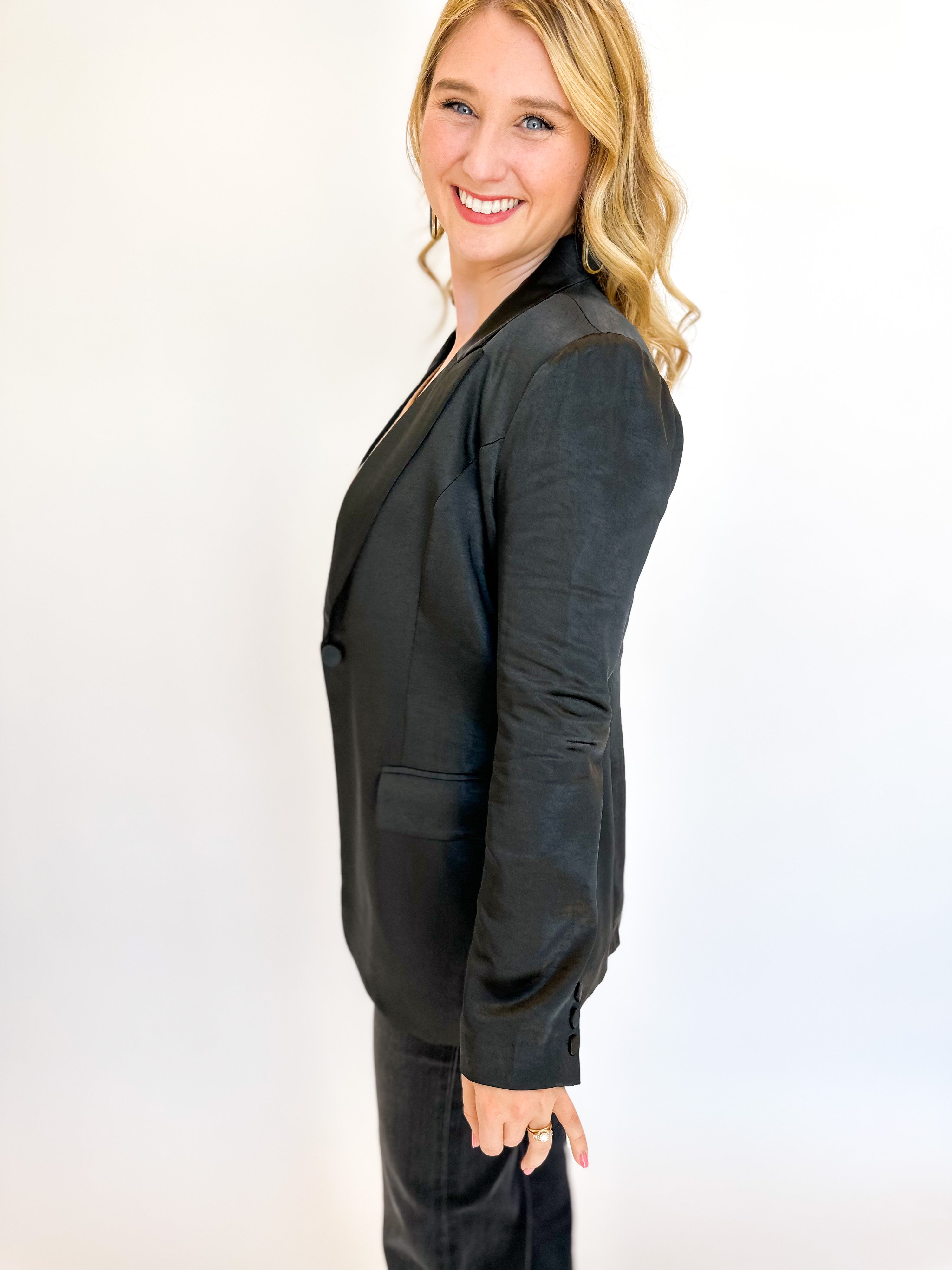 The It Girl Satin Blazer - Black-600 Outerwear-SKIES ARE BLUE-July & June Women's Fashion Boutique Located in San Antonio, Texas
